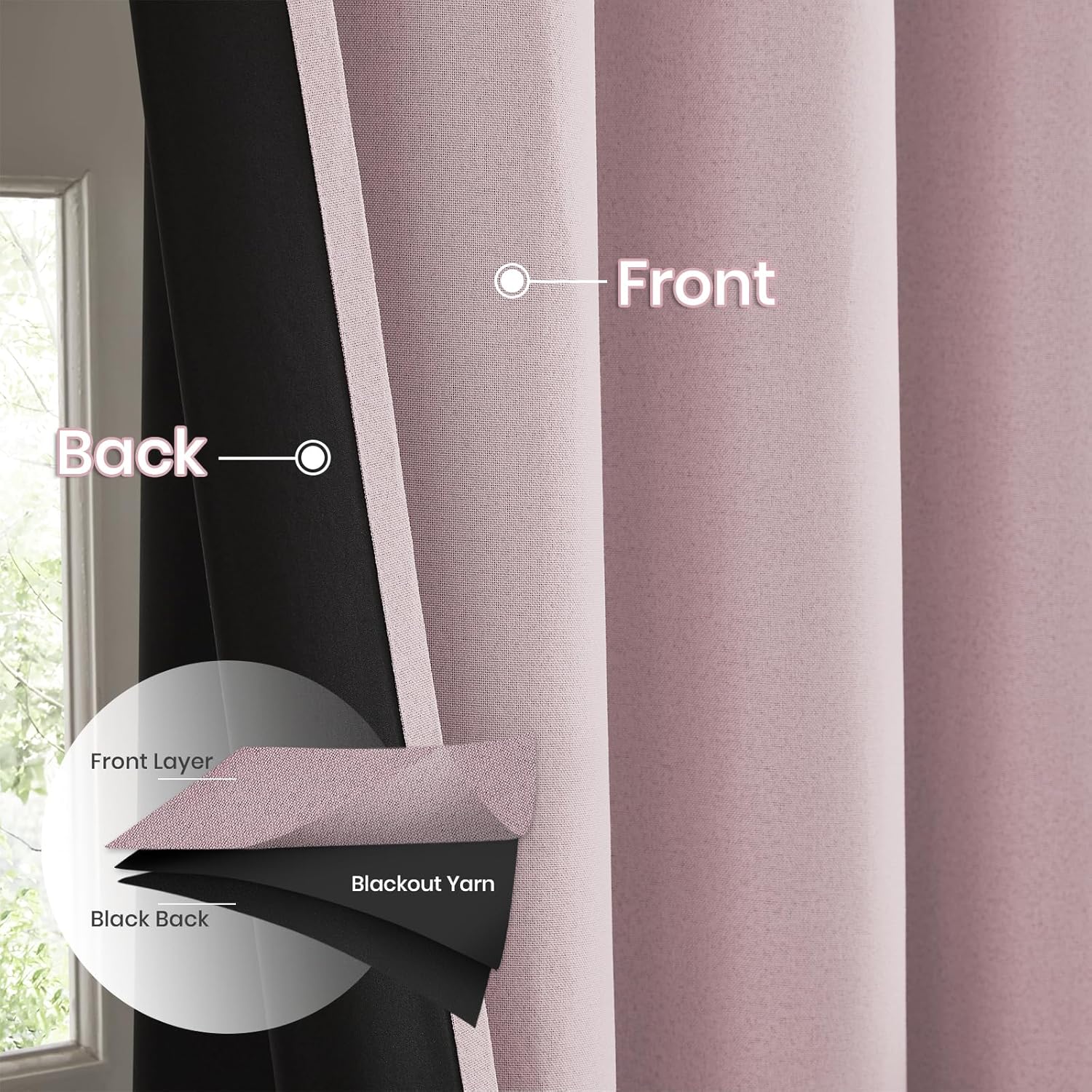 Melodieux Linen Full Blackout Curtains for Bedroom Living Room, Thermal Insulated Pink Black Out Curtains 72 Inch Long, Grommet Windows Curatin Panels with Black Back, 52" W x 72" L, 2 Panels
