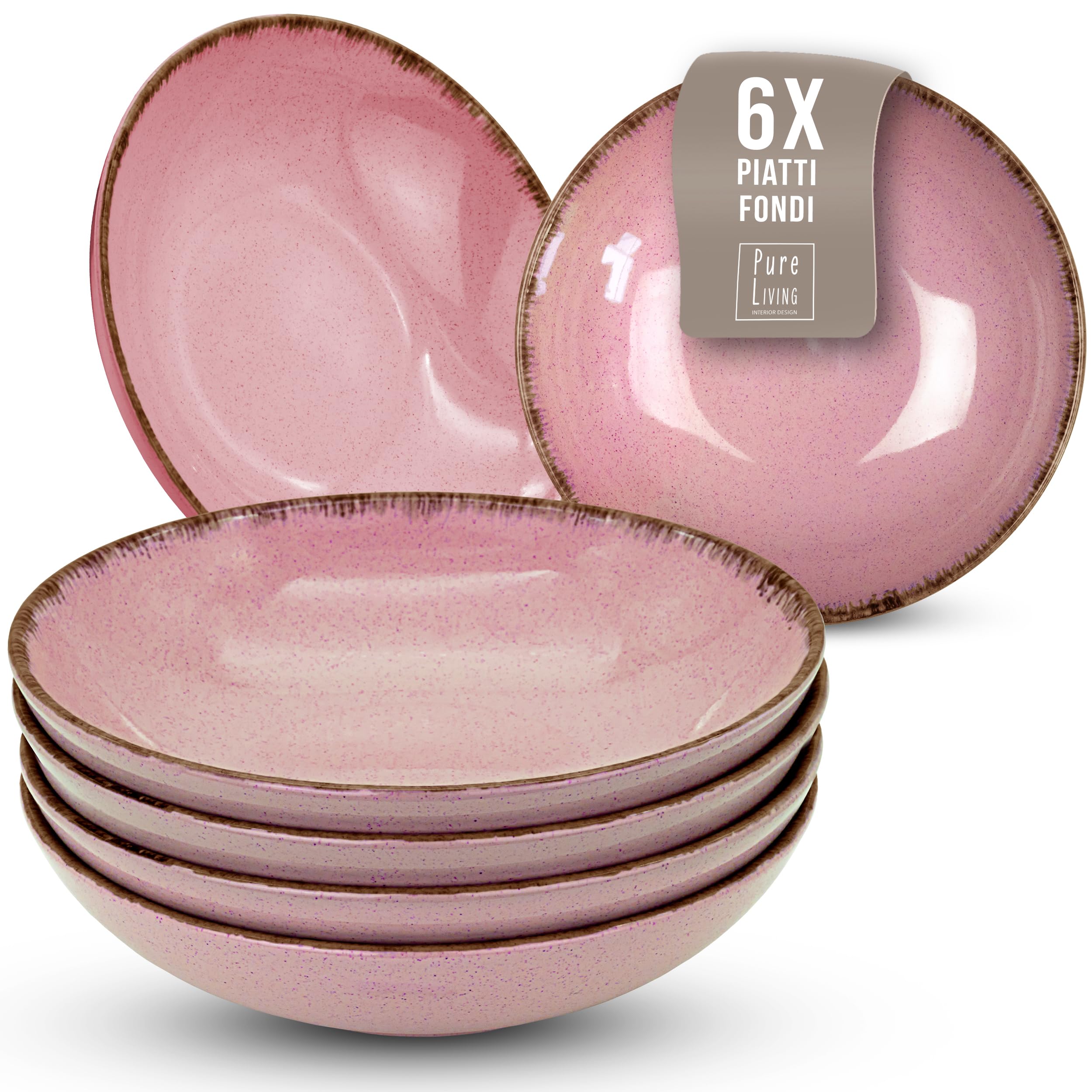 Set di 6 Piatti Fondi Rustici - Steingut di Qualità Premium, Lavabili in Lavastoviglie - Elegante Set di Piatti Profondi per 6 Persone, Ideali per Zuppe, Insalate e Pasta - Pure Living rosa
