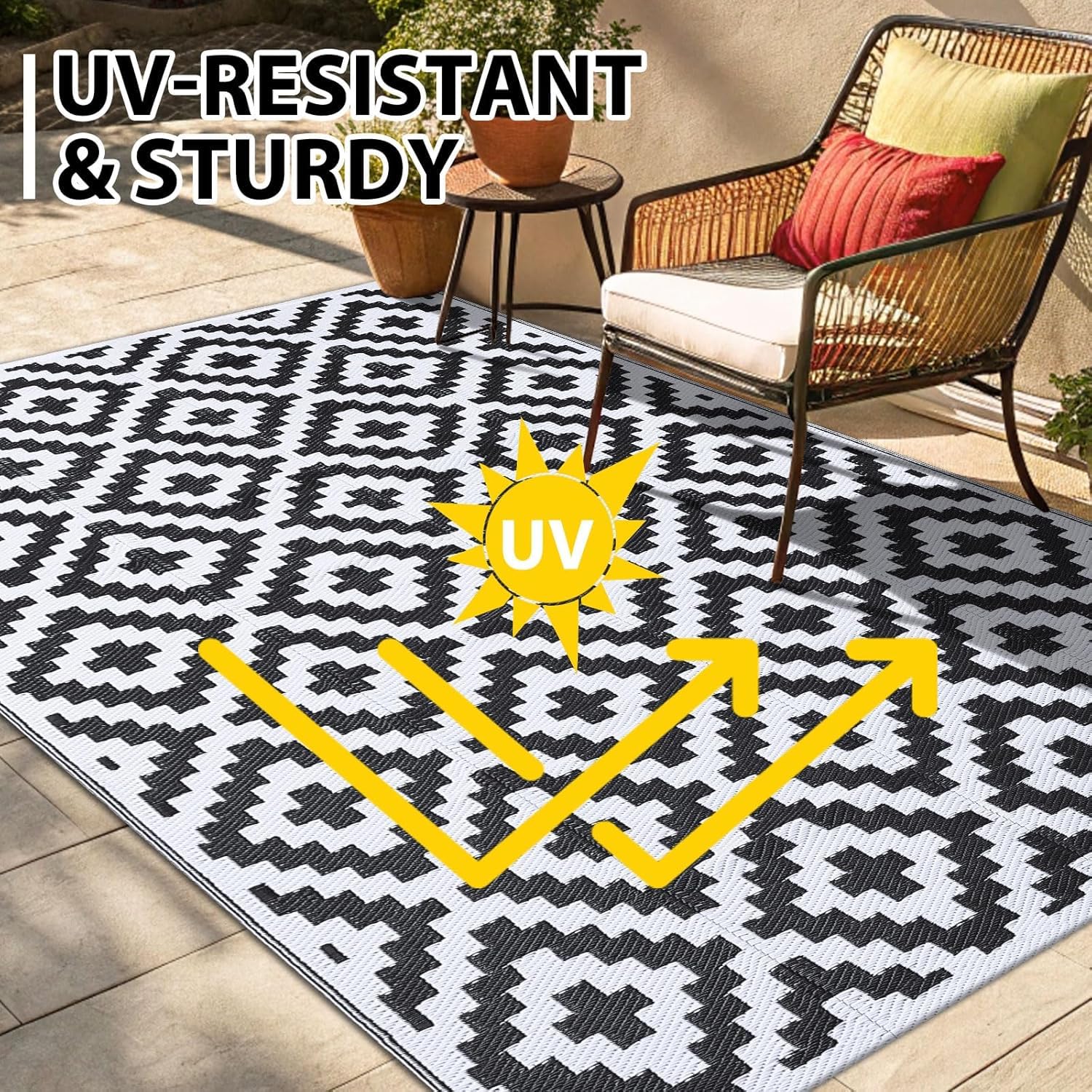 smiry Alfombra para exteriores, impermeable, resistente a los rayos UV, para patio exterior, reversible, de plástico, para balcón, camping, picnic, patio trasero, 150 x 240 cm, blanco y negro