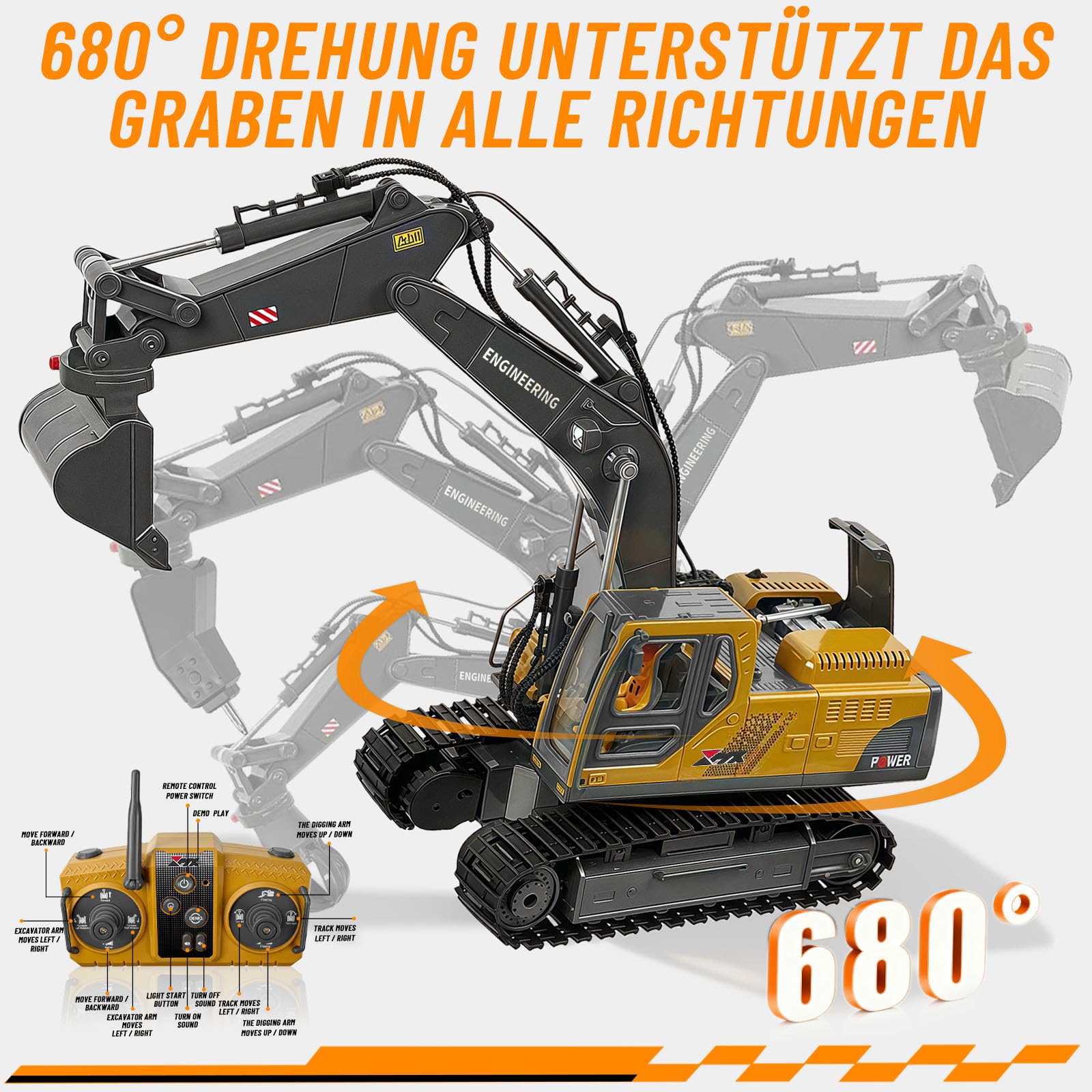 kolegend 3-in-1 Ferngesteuerter Bagger, 14-Kanal RC Bagger Spielzeug mit DREI Metallköpfen, 680° Drehbarer Radlader mit Lichtern & Musik, Geschenk Ab 6-12 Jahre