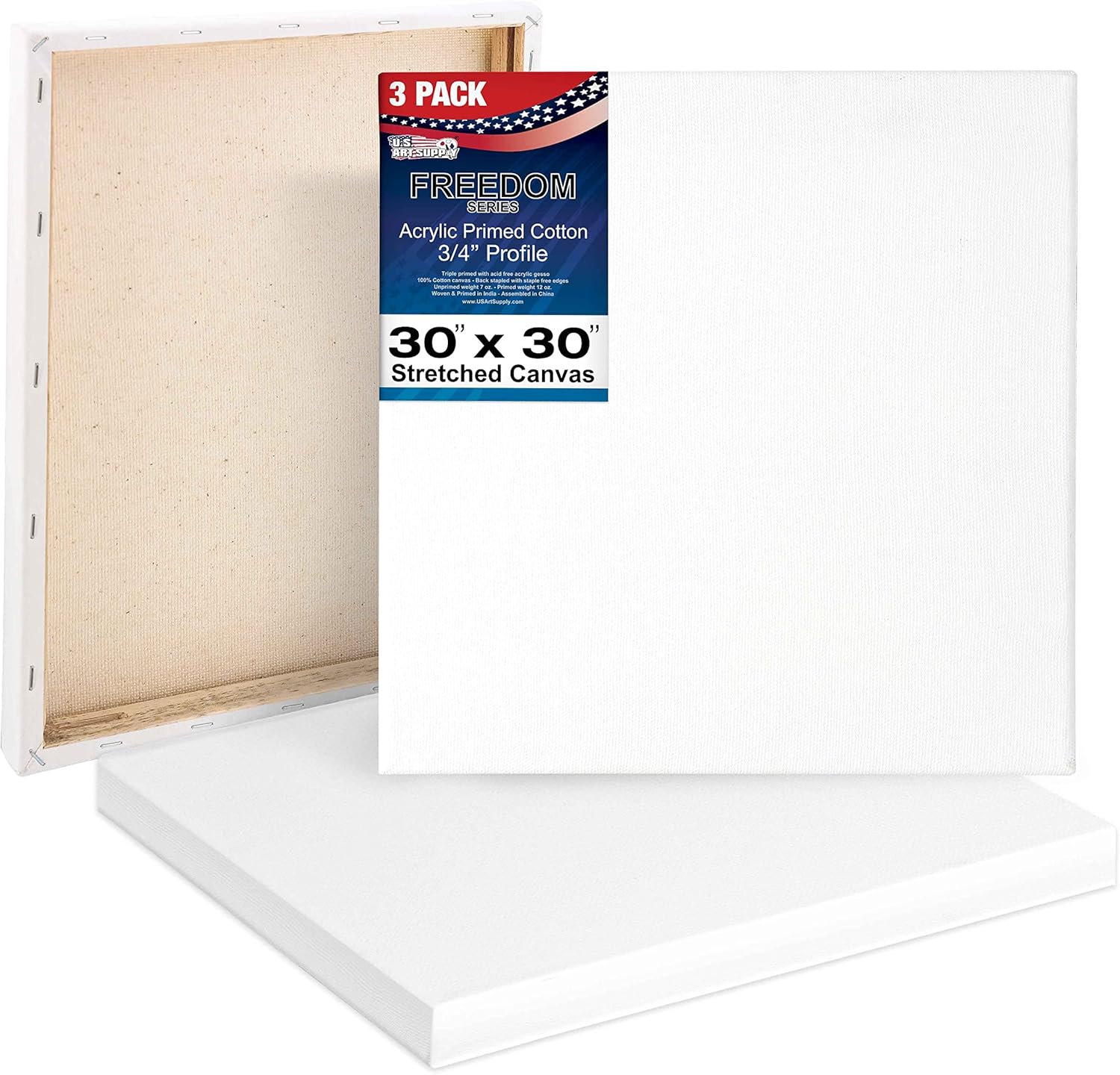 U.S. Art Supply 30 x 30 inch Stretched Canvas 12-Ounce Triple Primed, 3-Pack - Professional Artist Quality White Blank 3/4" Profile, 100% Cotton, Heavy-Weight Gesso - Acrylic Pouring, Oil Painting