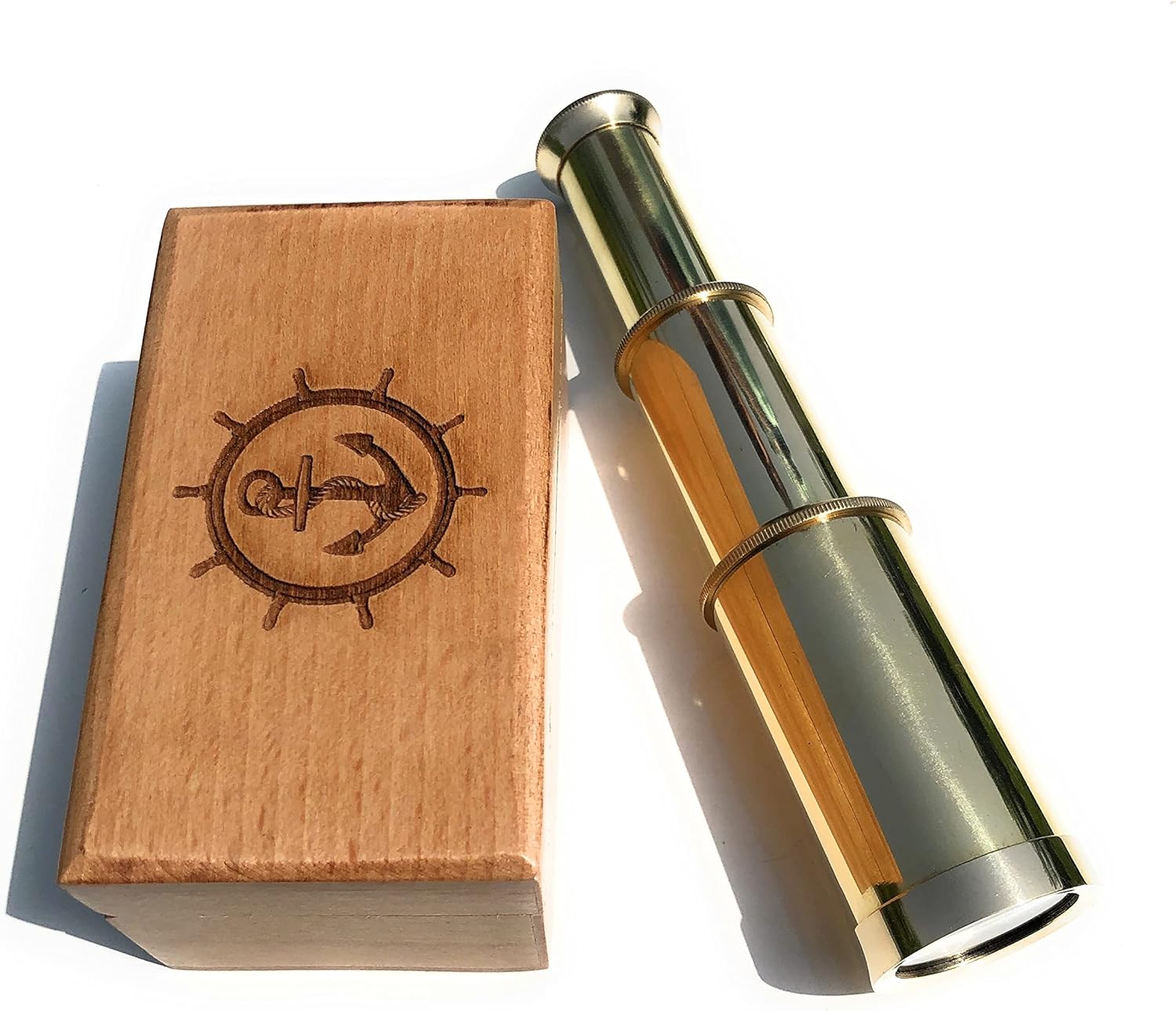 Brass Telescope Pirate Spyglass with Personalized Wooden Box 6 Inch Handheld Nautical Sailor Gift (Engraved Sign 1)