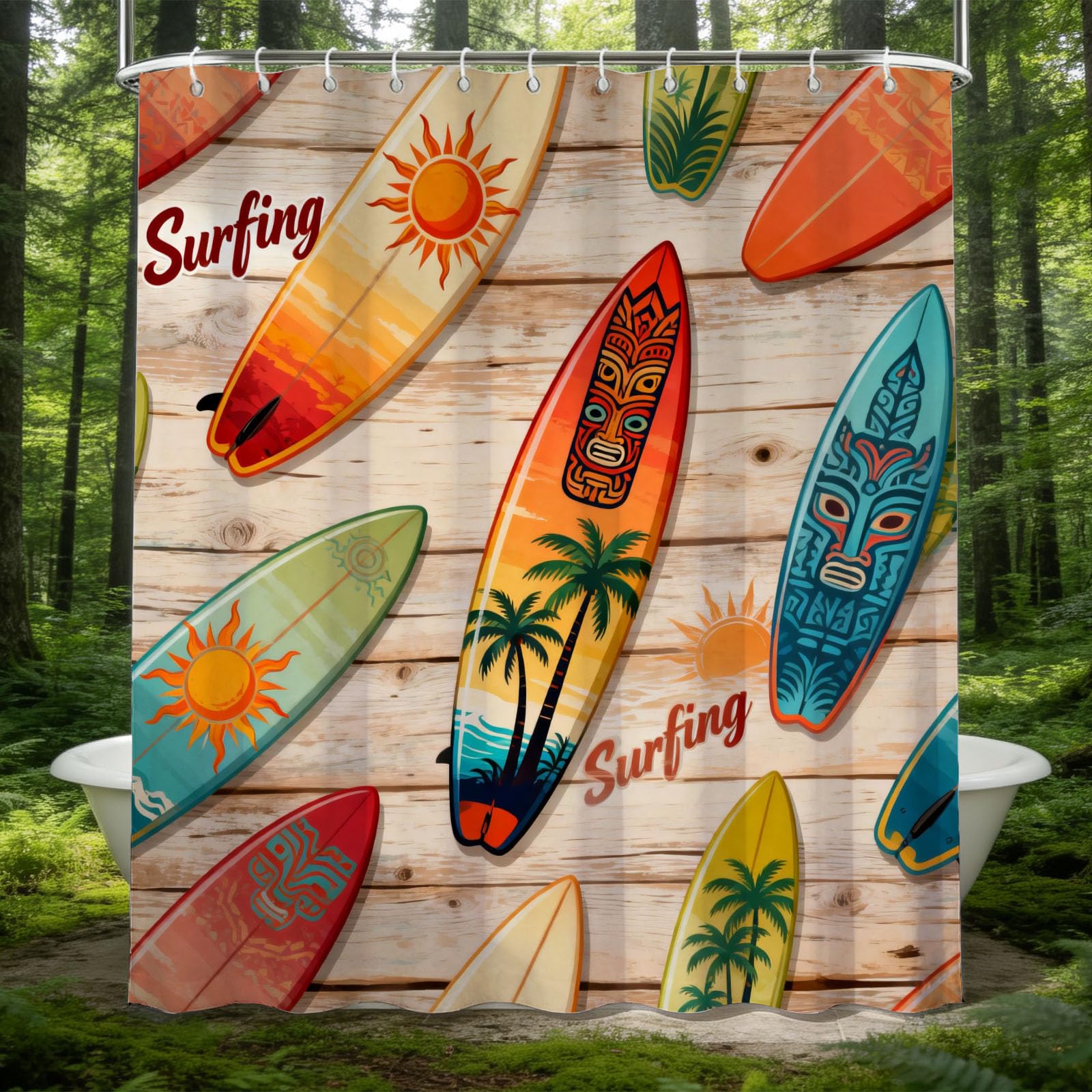 Hongduo 3D Surfboard Shower Curtain for Stalls Bathtubs Hawaiian Style Bathroom Decor Shower Curtain Set Polyester Fabric Waterproof 180x200cm/71X79 Inch with Hooks