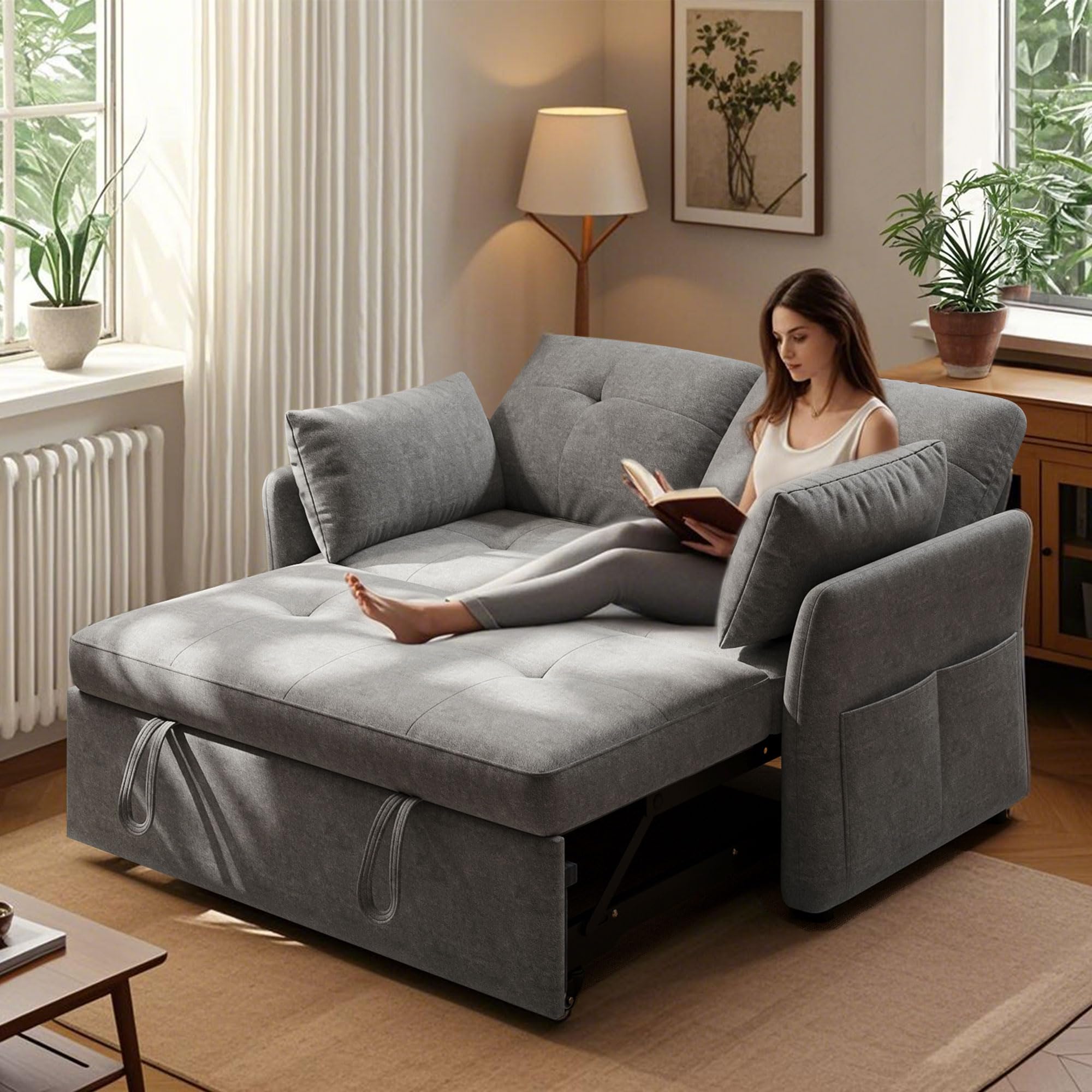 3-in-1 Schlafsofa mit 5-stufig Verstellbarer Rückenlehne, Schlafcouch mit 2X Kissen und 2X Seitentasche,Graues Leinen 2 sitzer Sofa für Gästezimmer & Kleine Räume