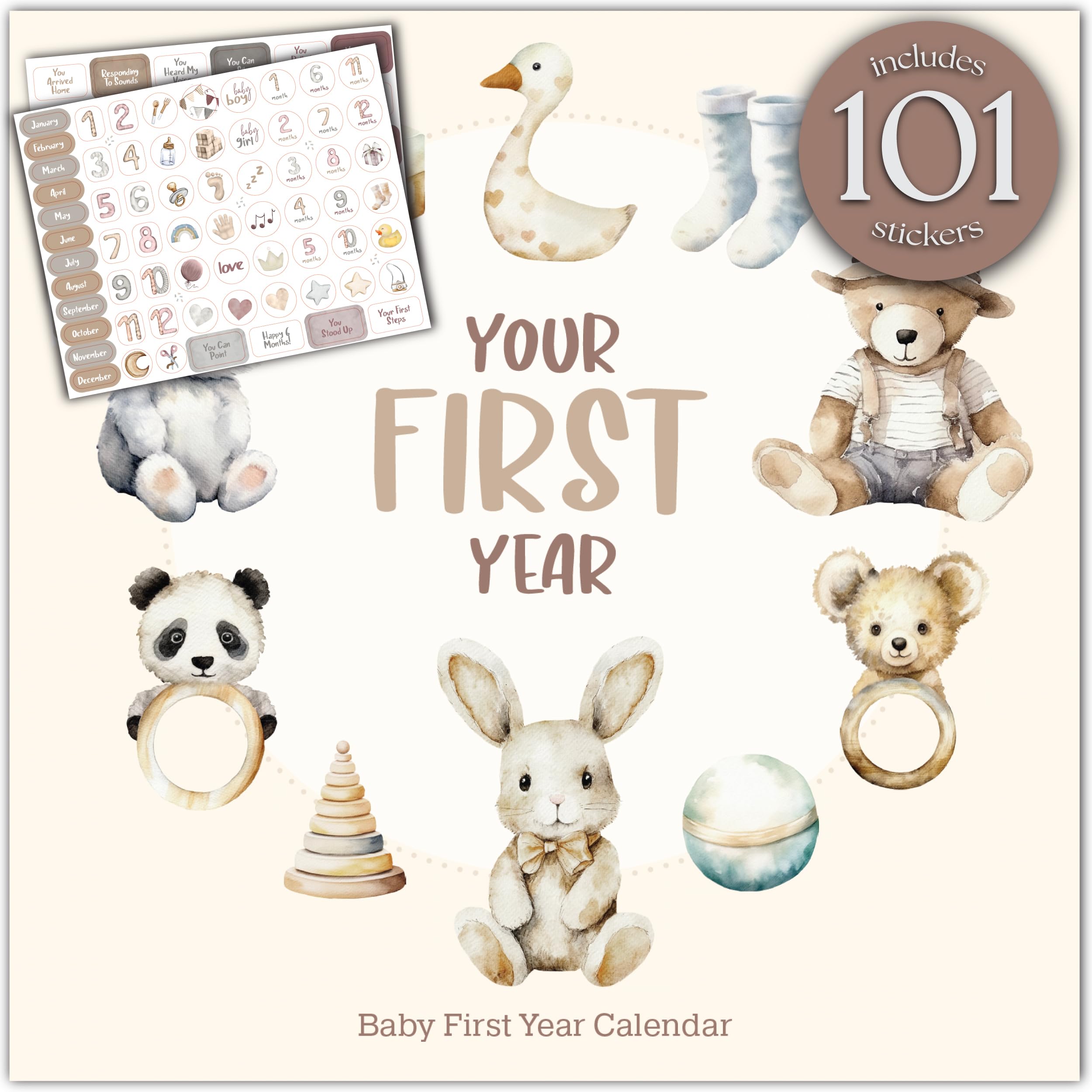 Baby's First Year Calendar with 100 Stickers - Unisex Baby Design 1st Years Wall Calendar With Stickers, Baby Tracker, Baby Scrapbook for New Mom and