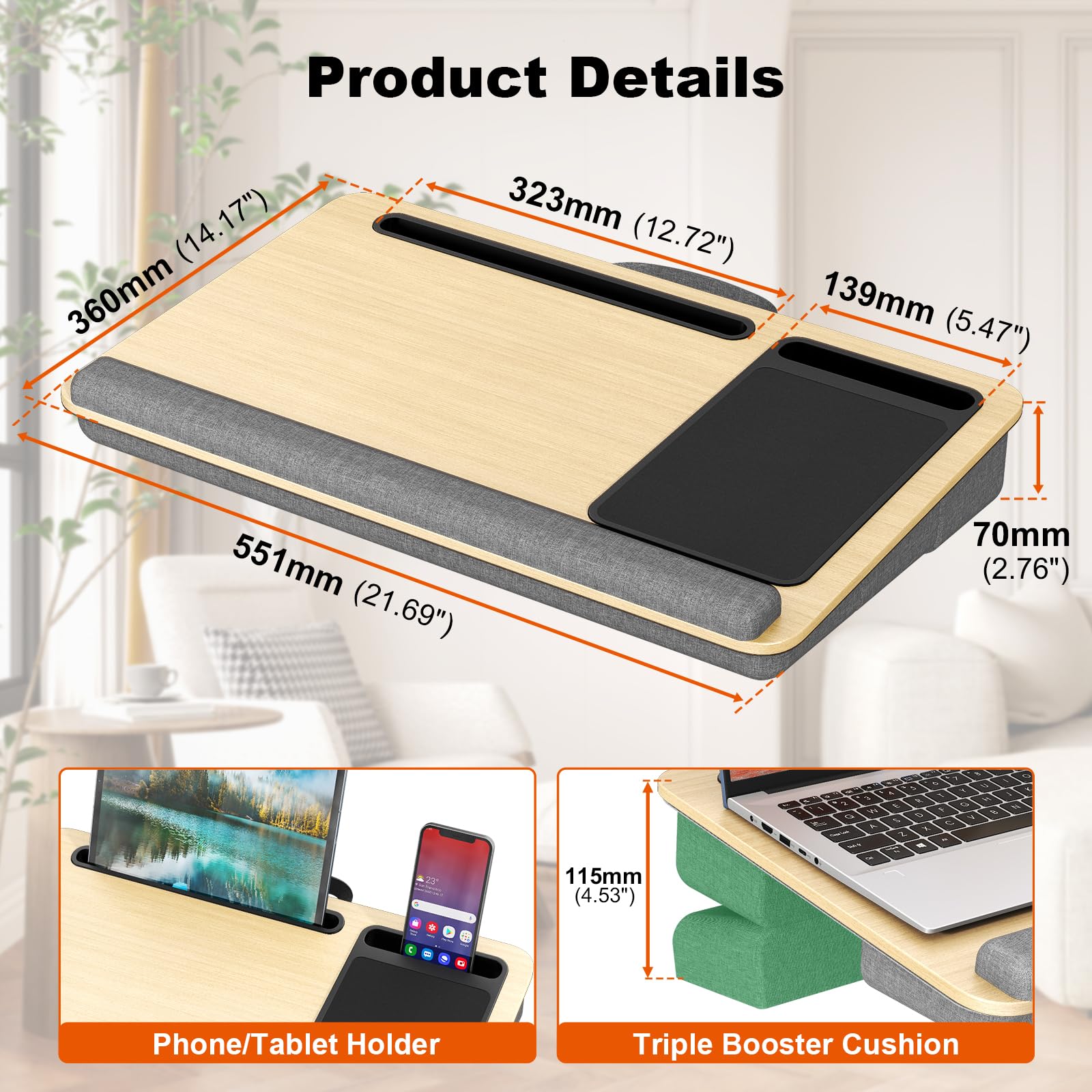 Lap Desk per computer portatili fino a 17.3", PUTORSEN scrivania portatile extra large con tappetino per mouse e tappetino da polso per notebook, Tablet, supporto per laptop con supporto per tablet