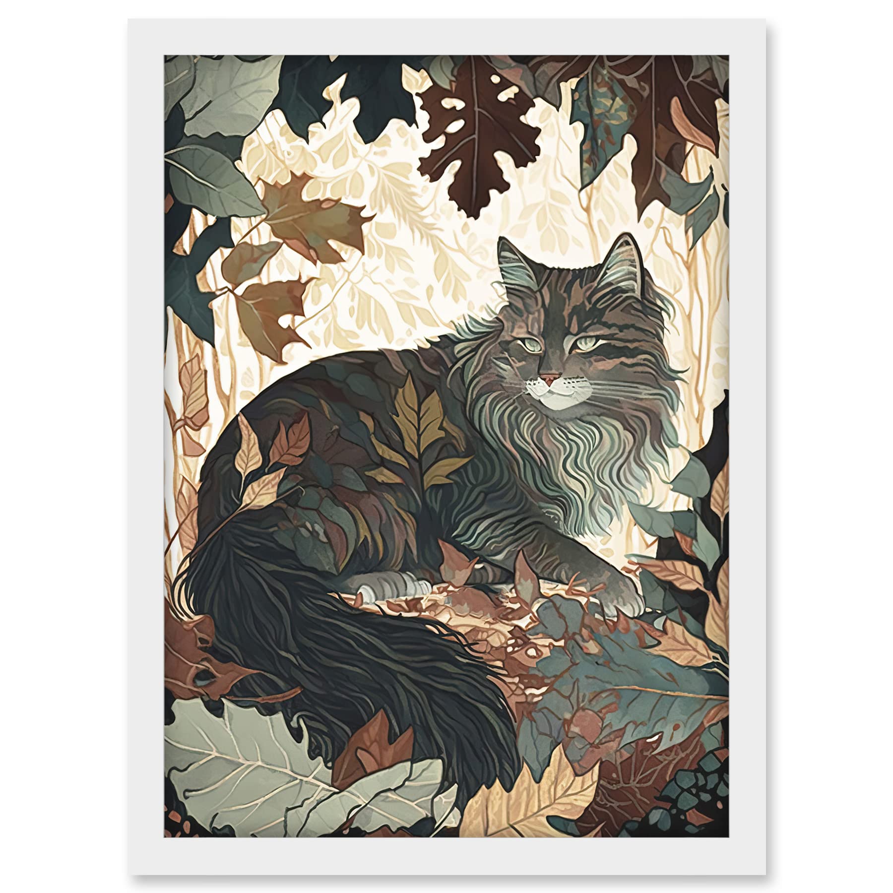 Artery8 Norwegian Forest Cat Resting Under Bush Trees Modern Illustration Artwork Framed A3 Wall Art Print