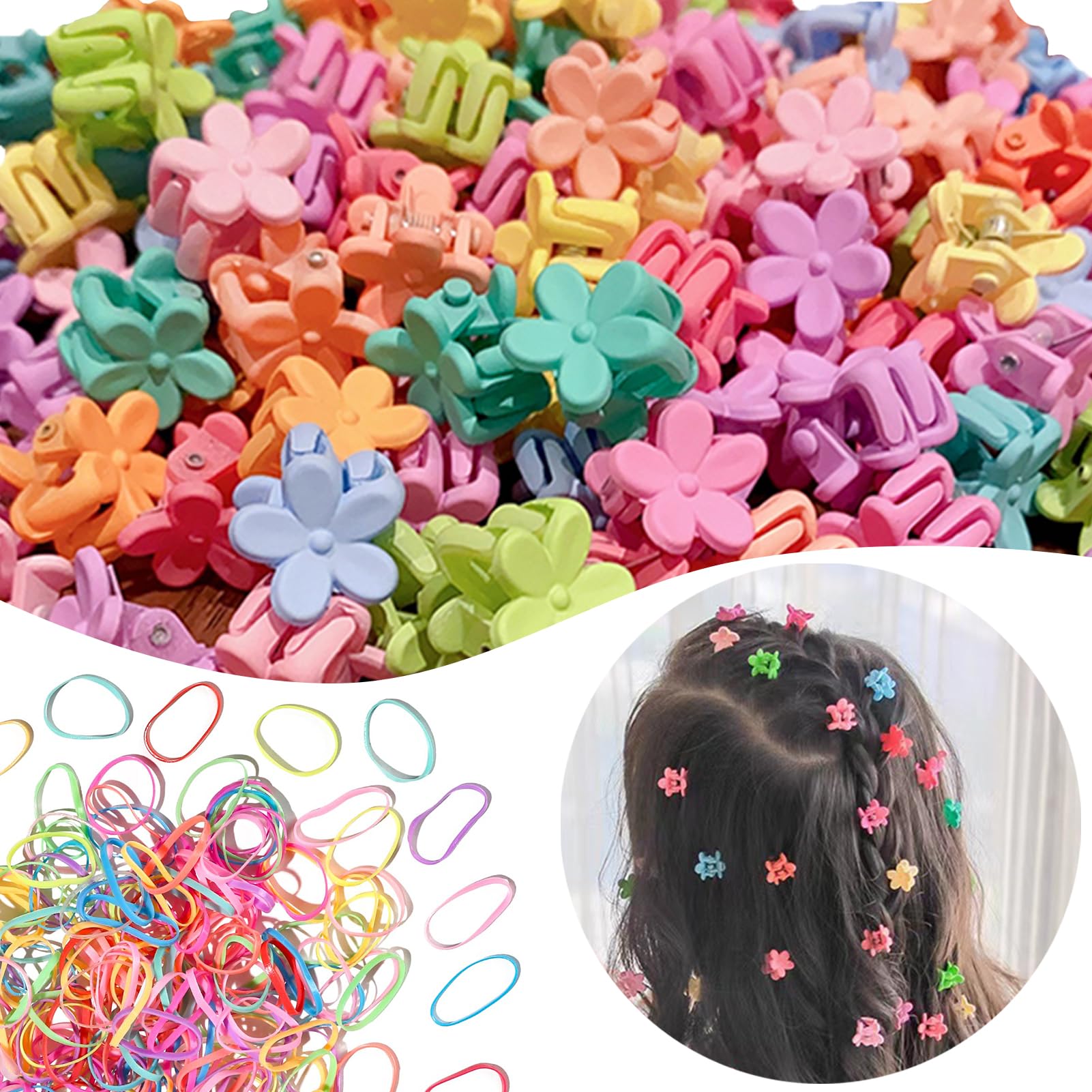 50pcs Colorful Mini flower claw clip hair clips for girls And About 200pcs of small rubber bands Women hair accessories Assorted Colors blend US154