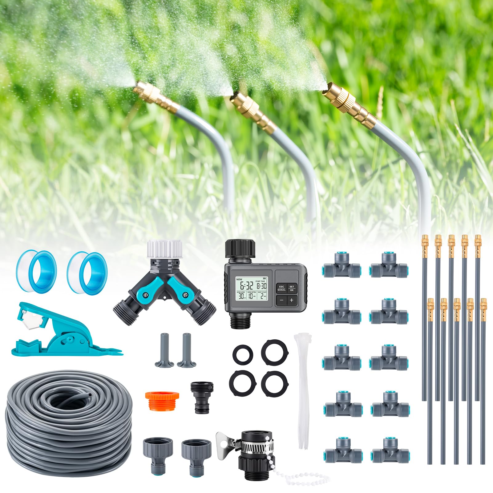 Garten Bewässerungssystem 360° Frei Verstellbar mit Bewässerungscomputer Tropfbewässerung Präziser Durchflussregelung, Sprinklersystem für Gewächshaus, Hochbeet, Terrasse, Balkontopfpflanzen