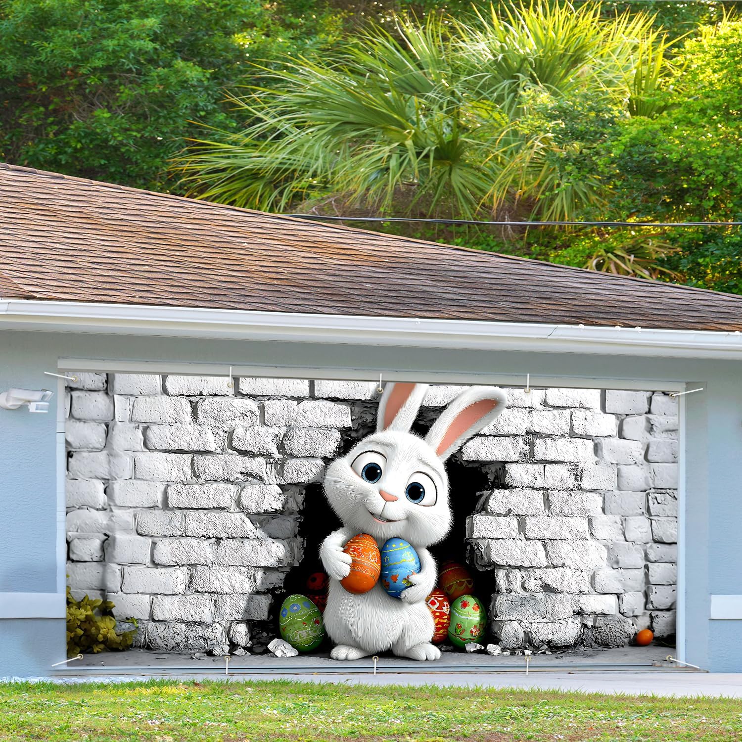 16x7 ft Peeking Easter Bunny Banner for Two Car Garage - Fits Double Garage Door, Whimsical Bunny Behind Wall with Eggs Large Backdrop, Spring Yard Sign & Photography Background
