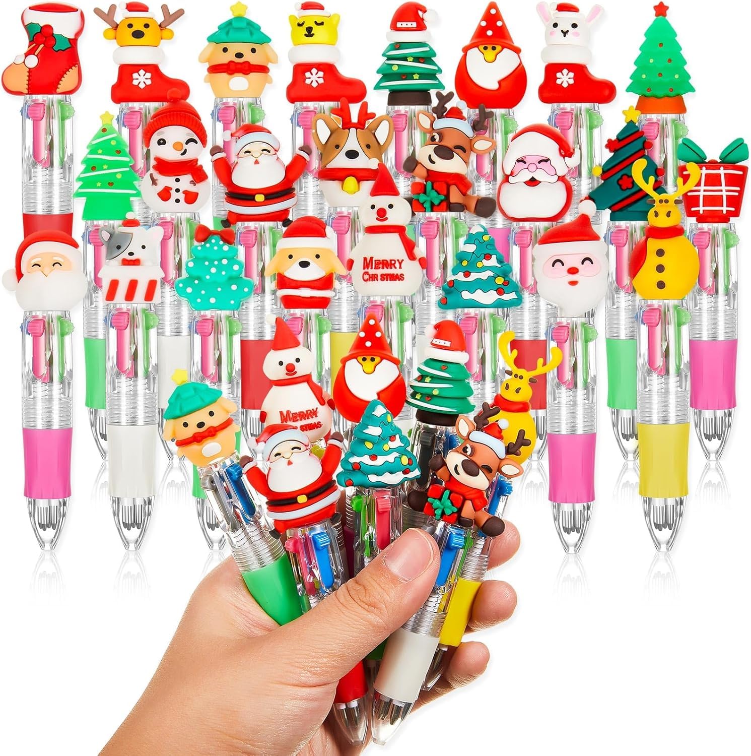 LATERN 24Pcs Christmas Ballpoint Pens, 4-In-1 Multicolor Ballpoint Pen 10CM Retractable Cartoon Cute Pen 0.7mm Thick Point Pen for Christmas Holiday Students Children Gift Party Bag Fillers