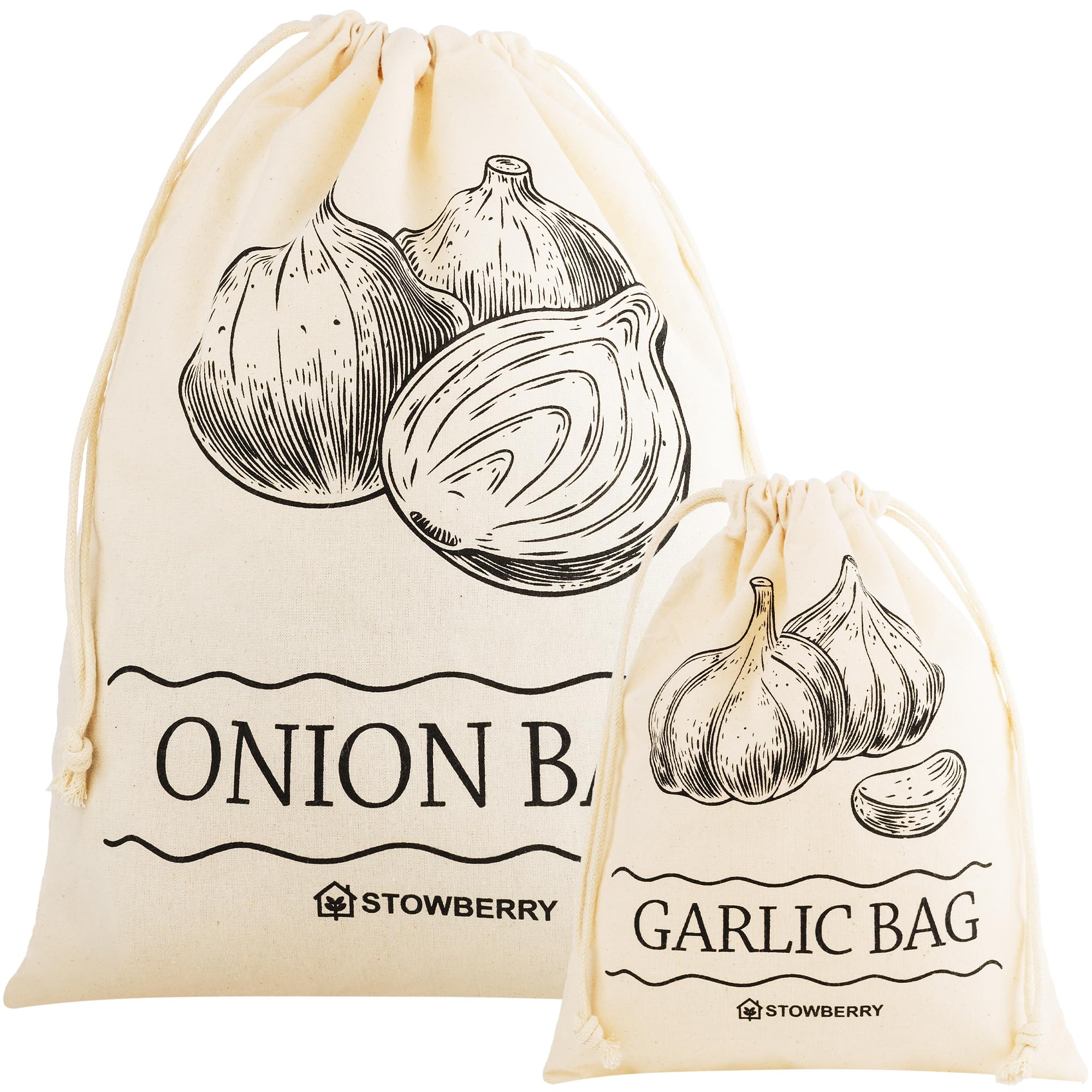 STOWBERRY Onion Storage Bag 40x30cm and Garlic Storage Bag 25x20cm Eco-Friendly 100% Cotton Storage Bags - 5KG Onion Bag and 2KG Garlic Bag for Storing and Keeping Onions and Garlic Fresh for Longer