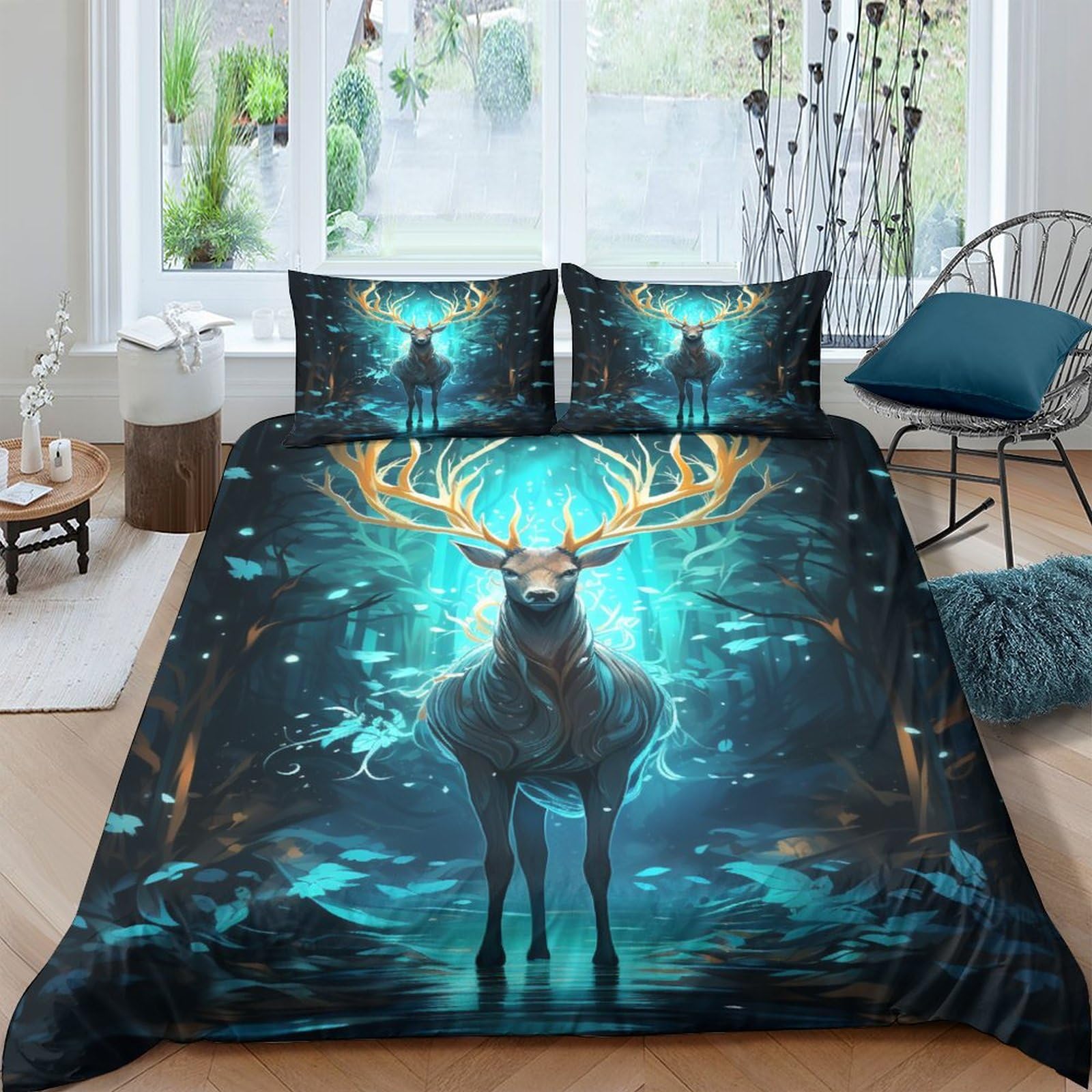 Parure de lit double 200x200 motif Moose avec housse de couette microfibre et taies