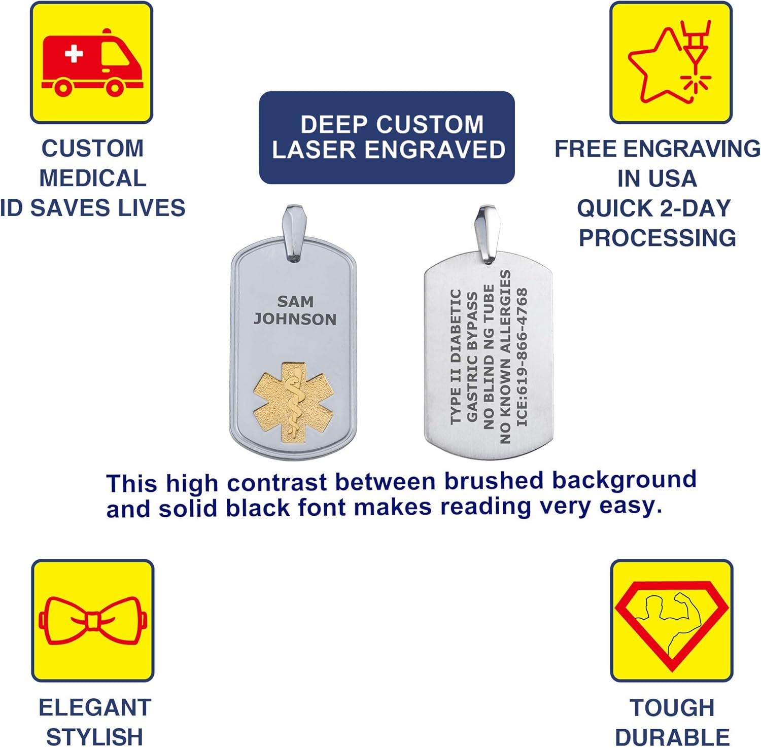 Divoti Deep Custom Laser Engraved Pure Titanium Medical Alert Necklace for Men, Deluxe CP2 PVD Tag Medical ID Necklace, Medical Dog Tag w/Free Engraving -One of Various Chains (24/28 in)