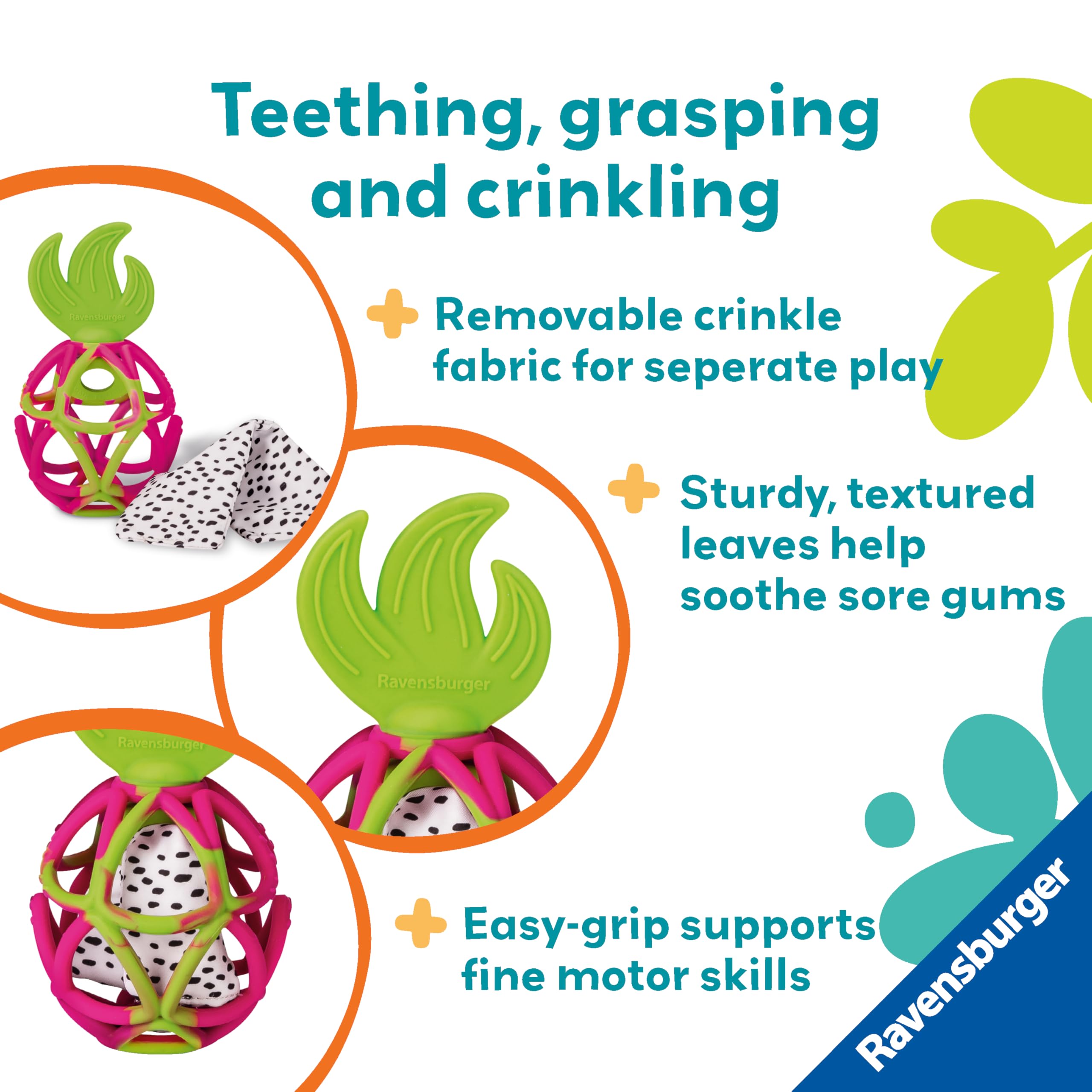 Ravensburger Play+ - Massaggiagengive sensoriale, frutto del drago, delicato sollievo per la dentizione, design facile da afferrare, coinvolge le abilità motorie fini