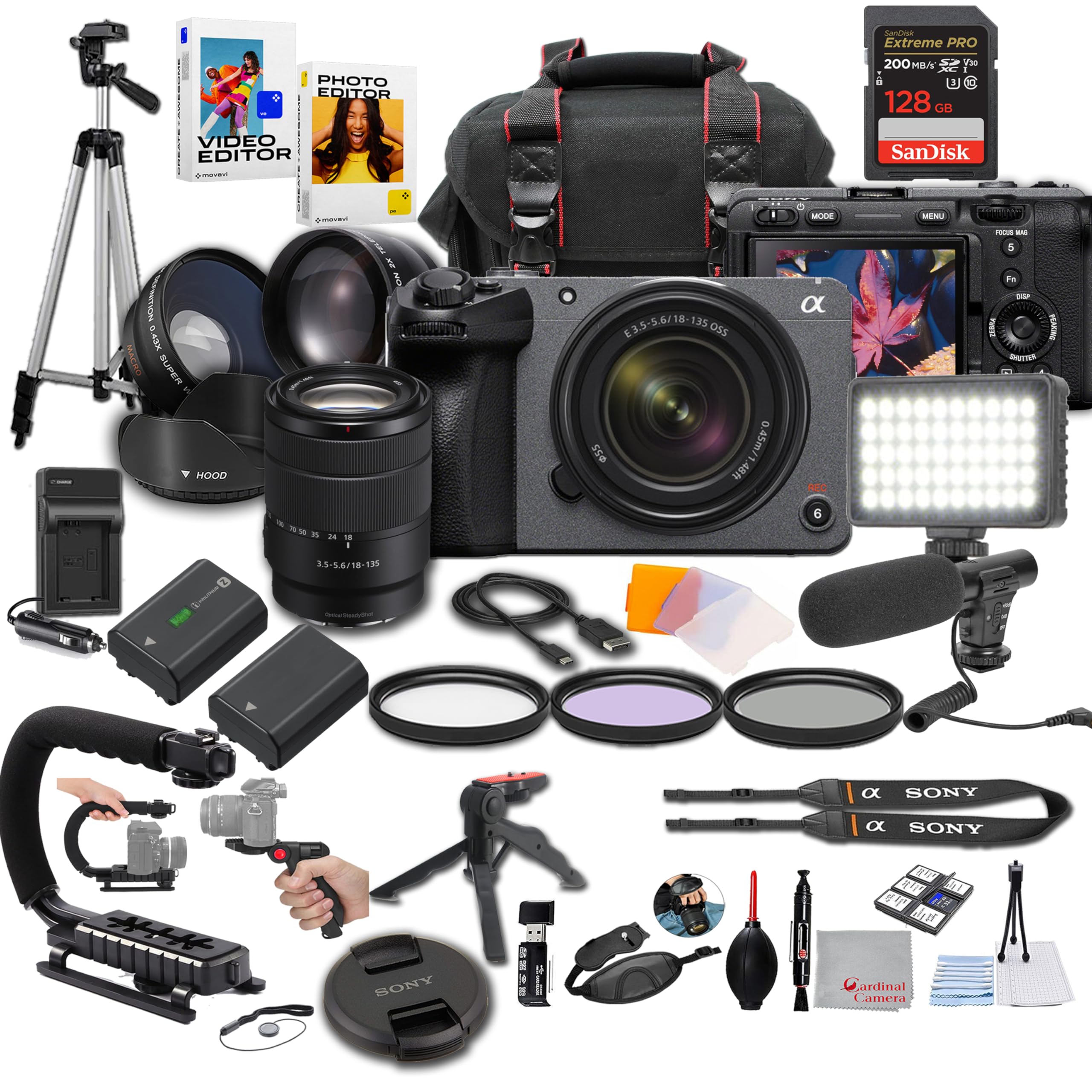 Sony FX30 Digital Cinema Camera with 18-135mm Lens, LED Light, Microphone, 128GB Extreme Speed, U-Grip, Filters, Tripod, Case, Software, & More – Pro Video Bundle (38pc), Black