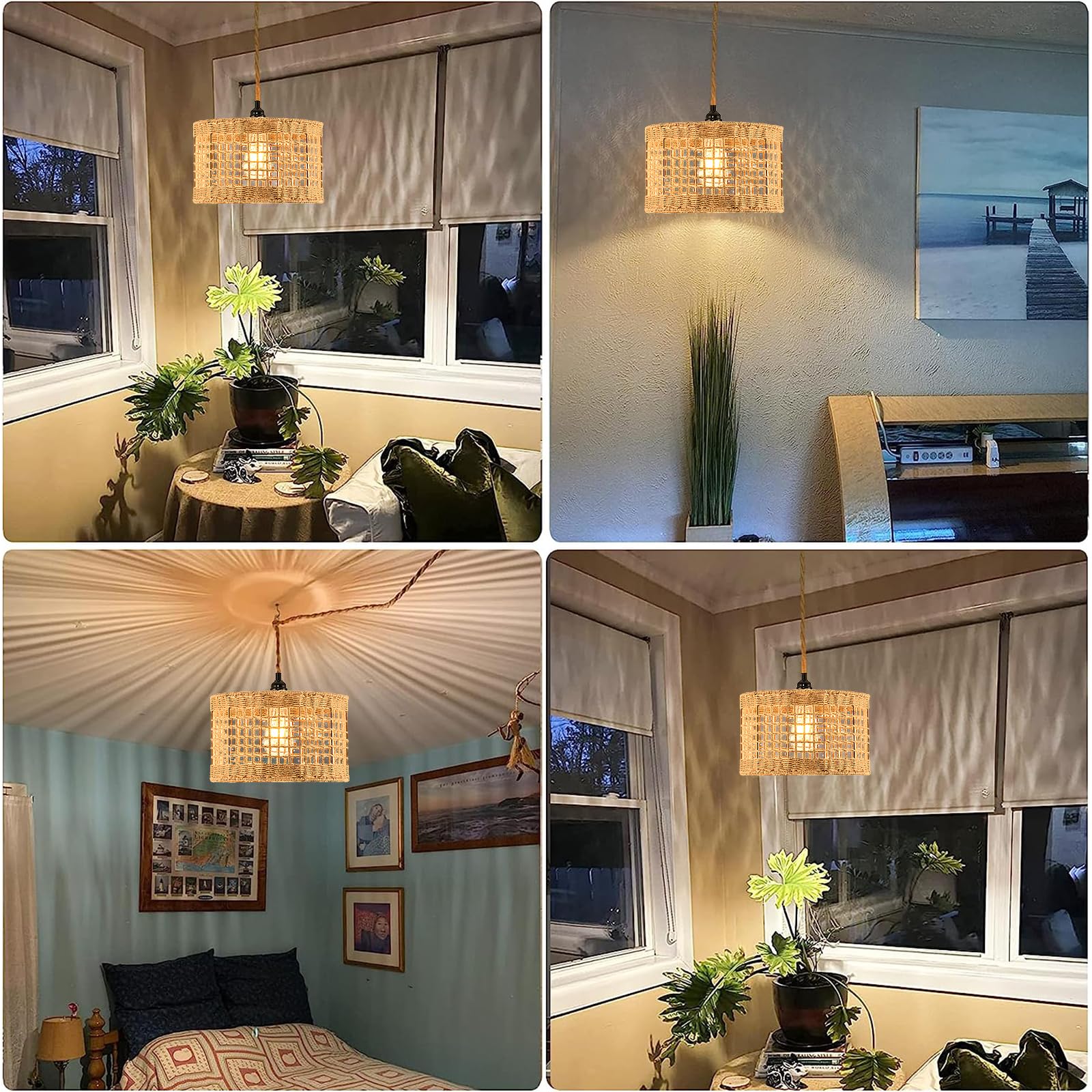 Plug in Pendant Light Rattan Hanging Lights with Plug in Cord,Boho Hanging Lamp with Hand Woven Boho wicker Lamp Shade Dimmer Switch Hanging Lamps That Plug Into Wall Outlet Light Fixture for Bedroom