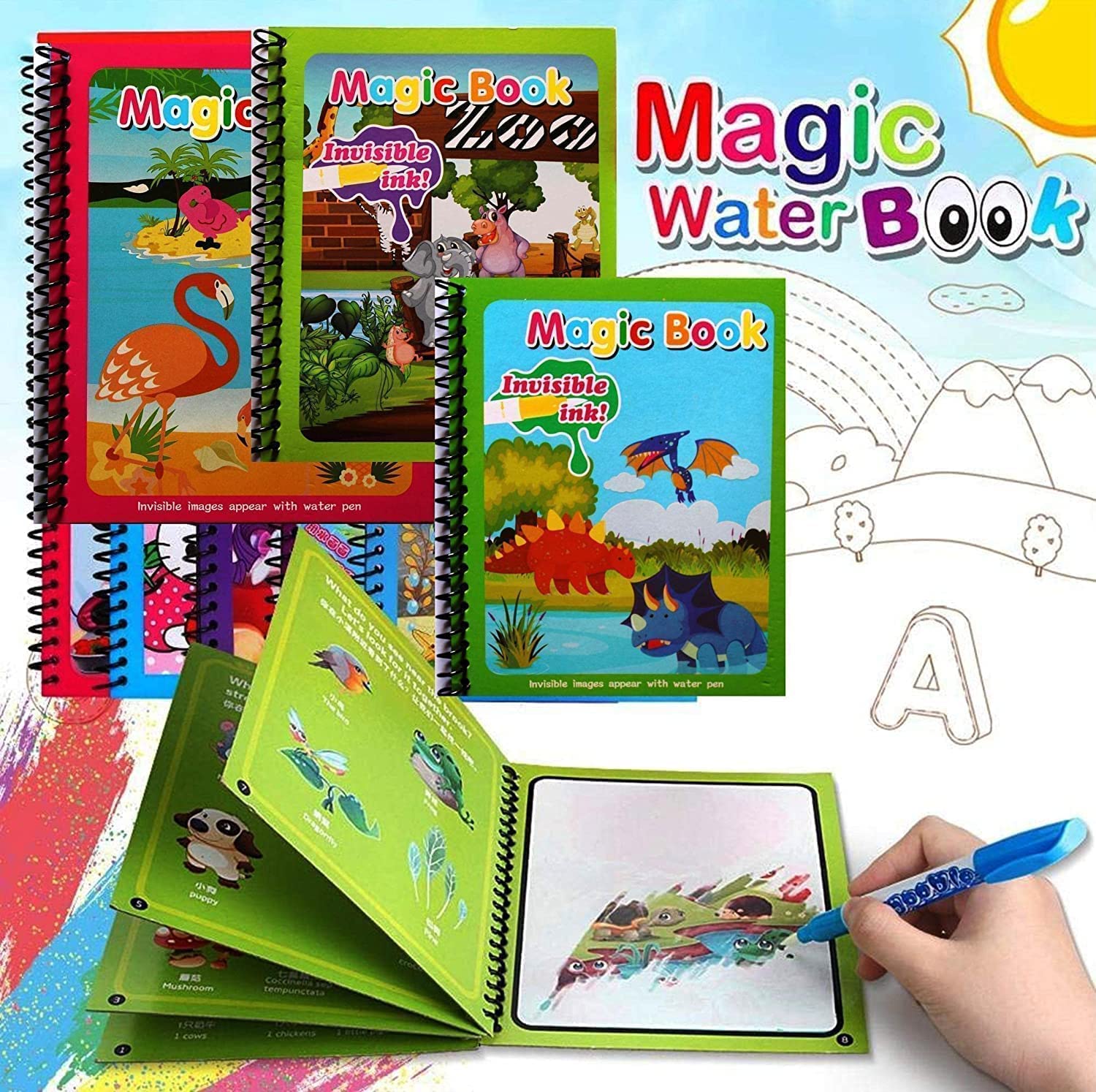 Reusable Magic Water Painting Book with Magic Doodle Pen Kids Coloring Doodle Drawing Board Games Child Educational Toy Magic Book Water Painting for Kids (Random Designs) - NO Colors Required (1)