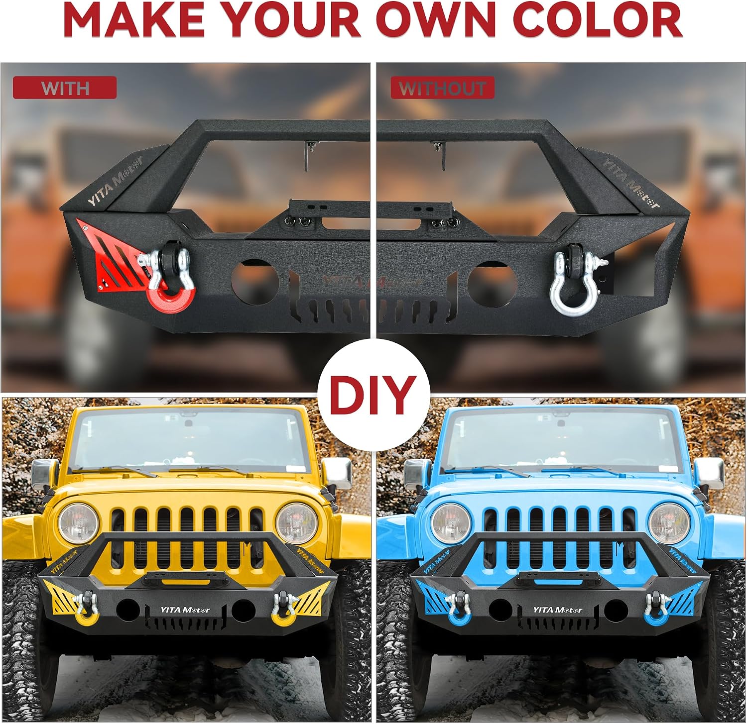 YITAMOTOR Front Bumper Compatible with 2007-2018 Jeep Wrangler JK & JK Unlimited (2/4 Doors), Off Road Bumpers w/Fog Light Holes & Winch Plate & D-Rings & Paintable Trim