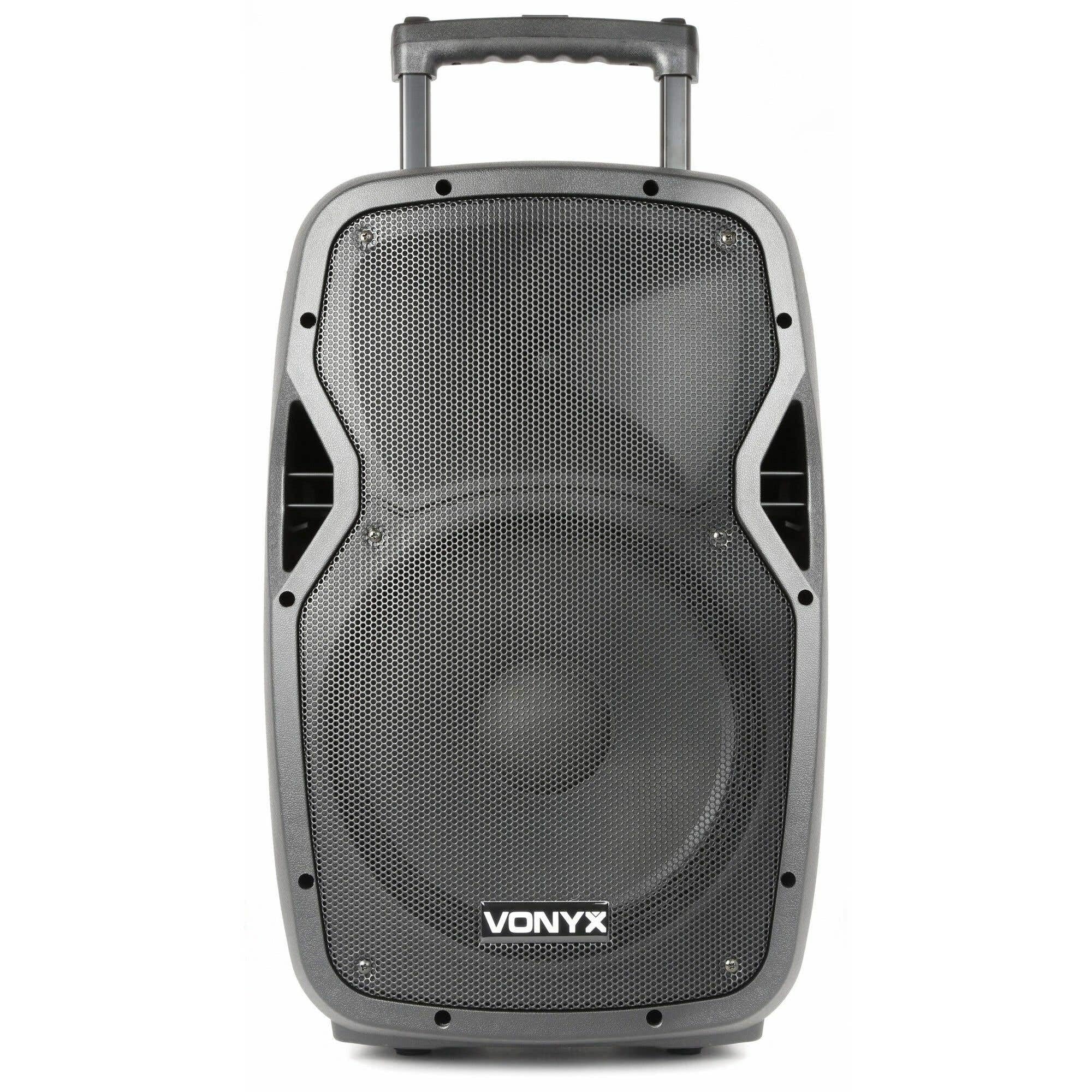 Vonyx AP1200PA Enceinte Sono Portable avec Micros sans Fil - 600W Max, Bluetooth, USB/SD/MP3, Boomer 12", Batterie Intégrée, avec Poignée Télescopique et roulettes pour Les Déplacements