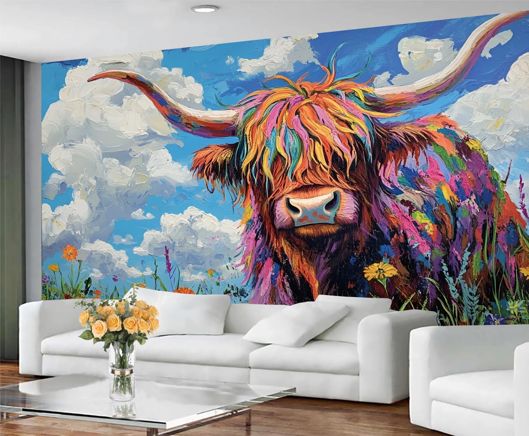 GIVLWF Highland Cattle Wallpaper, Watercolor Cow Self Adhesive Wallpaper for Living Room, Cute Animals Wall Paper for Bedroom, Floral Wall Mural, Landscape Large Mural & Room Decor