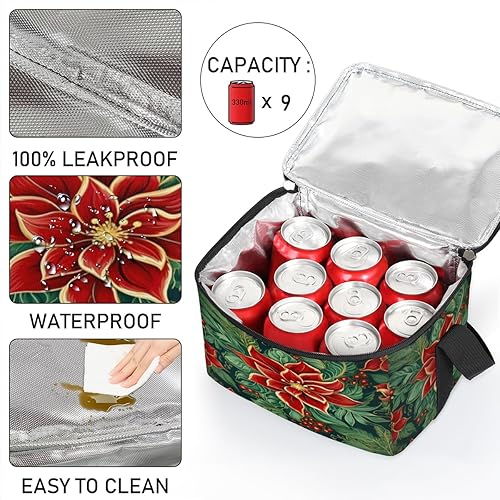 Miniatura 5 de Modern Christmas Poinsettia Insulated Lunch Bag Women Reusable Lunch Tote Square Meal Bag for Adults Men Cooler Lunch Box for Work Travel Picnic Food