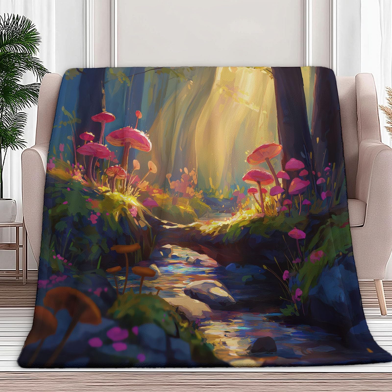 Couverture en flanelle motif forêt 180x200 cm jaune et vert