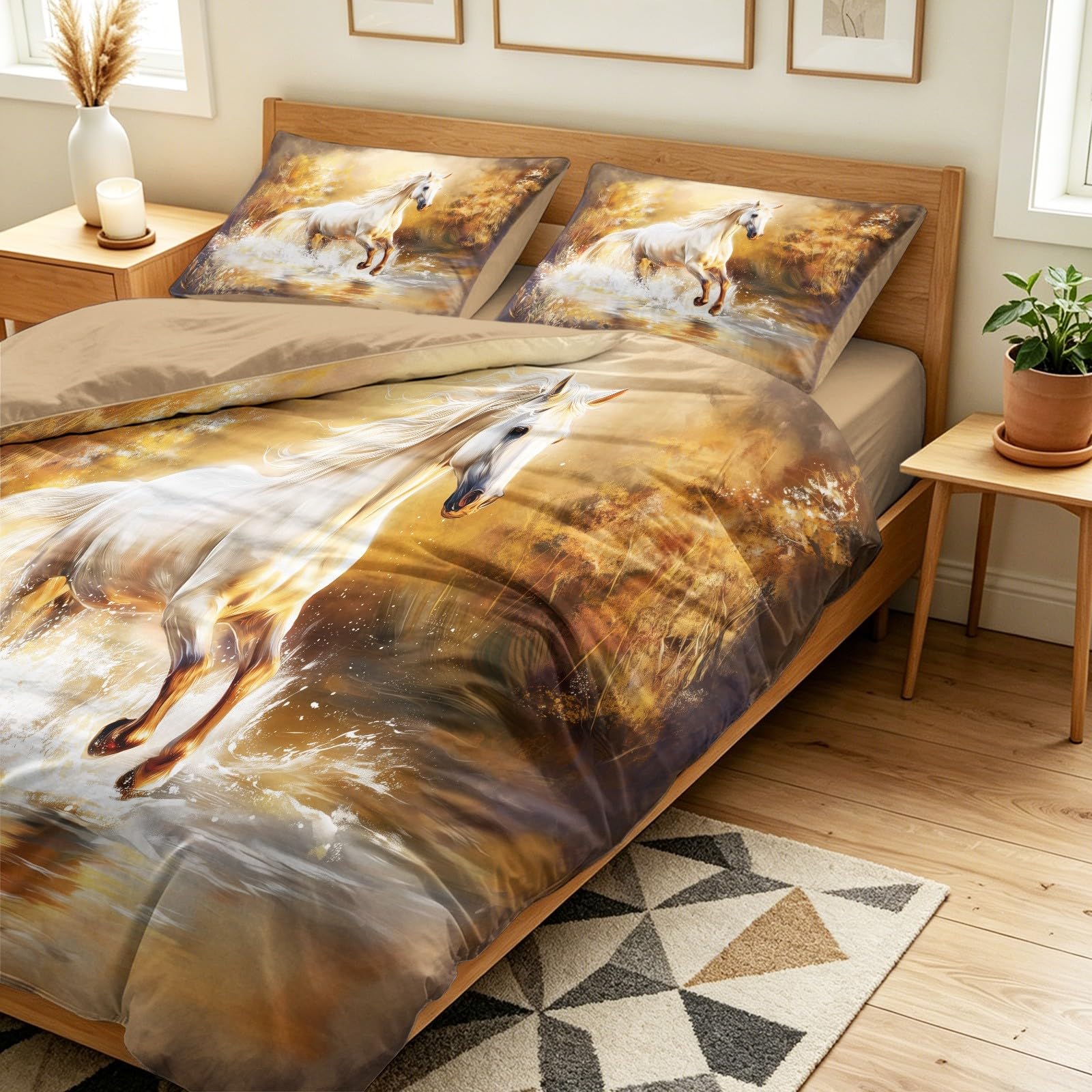 Générique Poszwa na kołdrę 200 x 200 cm fantazyjny krajobraz, zestaw pościeli 2-osobowej na prześcieradło z gumką, koń jezioro zestaw pościeli 4-częściowy z 2 poszewkami na poduszki