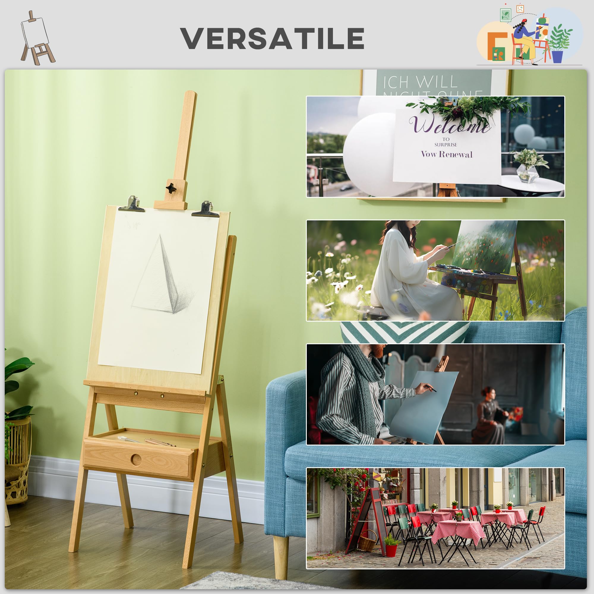 Vinsetto Cavalletto da Pittore ad Altezza Regolabile con Cassetto Inferiore, Cavalletto per Dipingere in Legno di Faggio, 43.5x43x150-190 cm, Color Legno