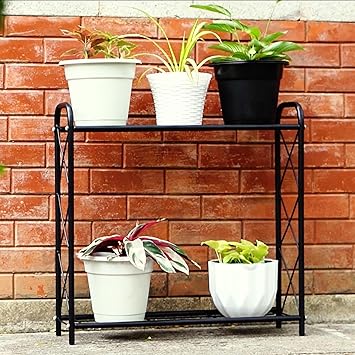 D&V Engineering 2-Tier Metal Plant Stand | Flower Pot Stand for Balcony, Living Room, Outdoor & Indoor | Plant Display Rack, Pot Holder for Plants - Black - image, photos