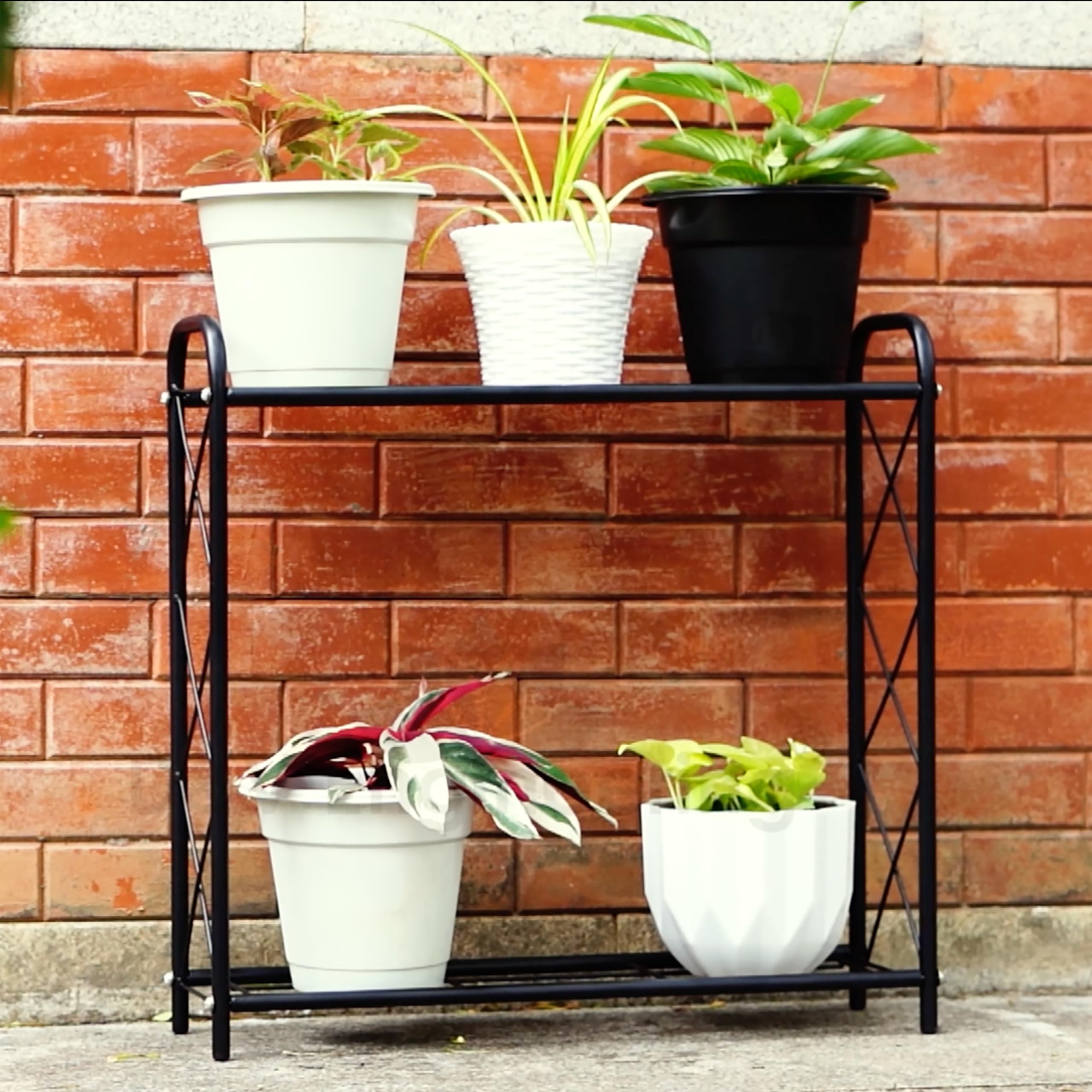 D&V Engineering 2-Tier Metal Plant Stand | Flower Pot Stand for Balcony, Living Room, Outdoor & Indoor | Plant Display Rack, Pot Holder for Plants - Black