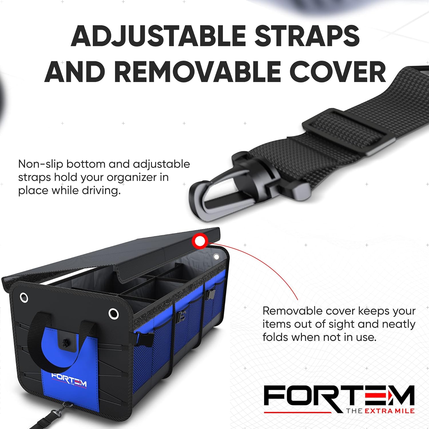 FORTEM Car Trunk Organizer (3 Compartment, Blue) + Portable Tire Inflator