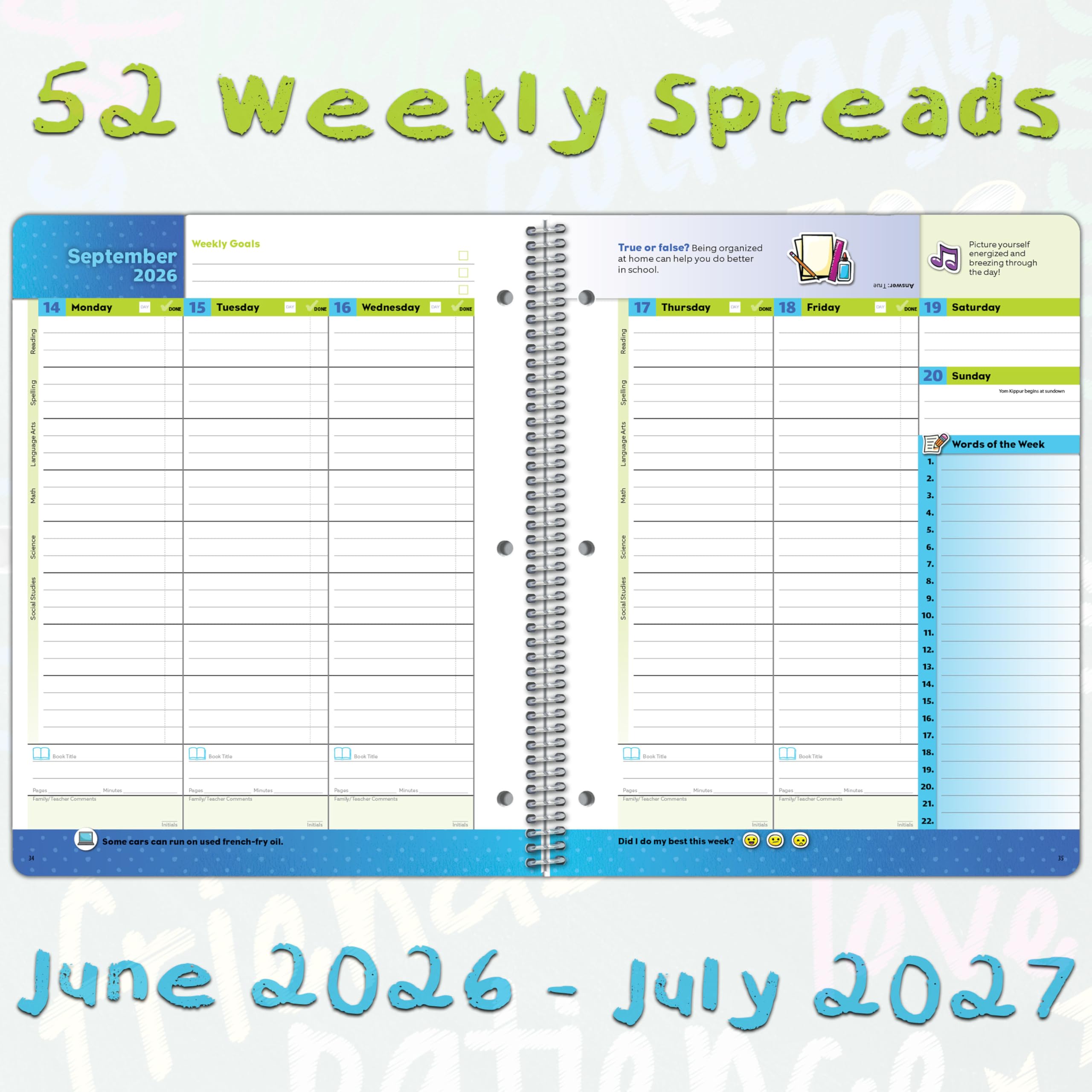 Planificador de estudiantes de primaria 2026-2027, año escolar académico, tamaño grande (8.5 x 11 pulgadas), libro de datos estilo matriz con cubierta clásica de matriz primaria