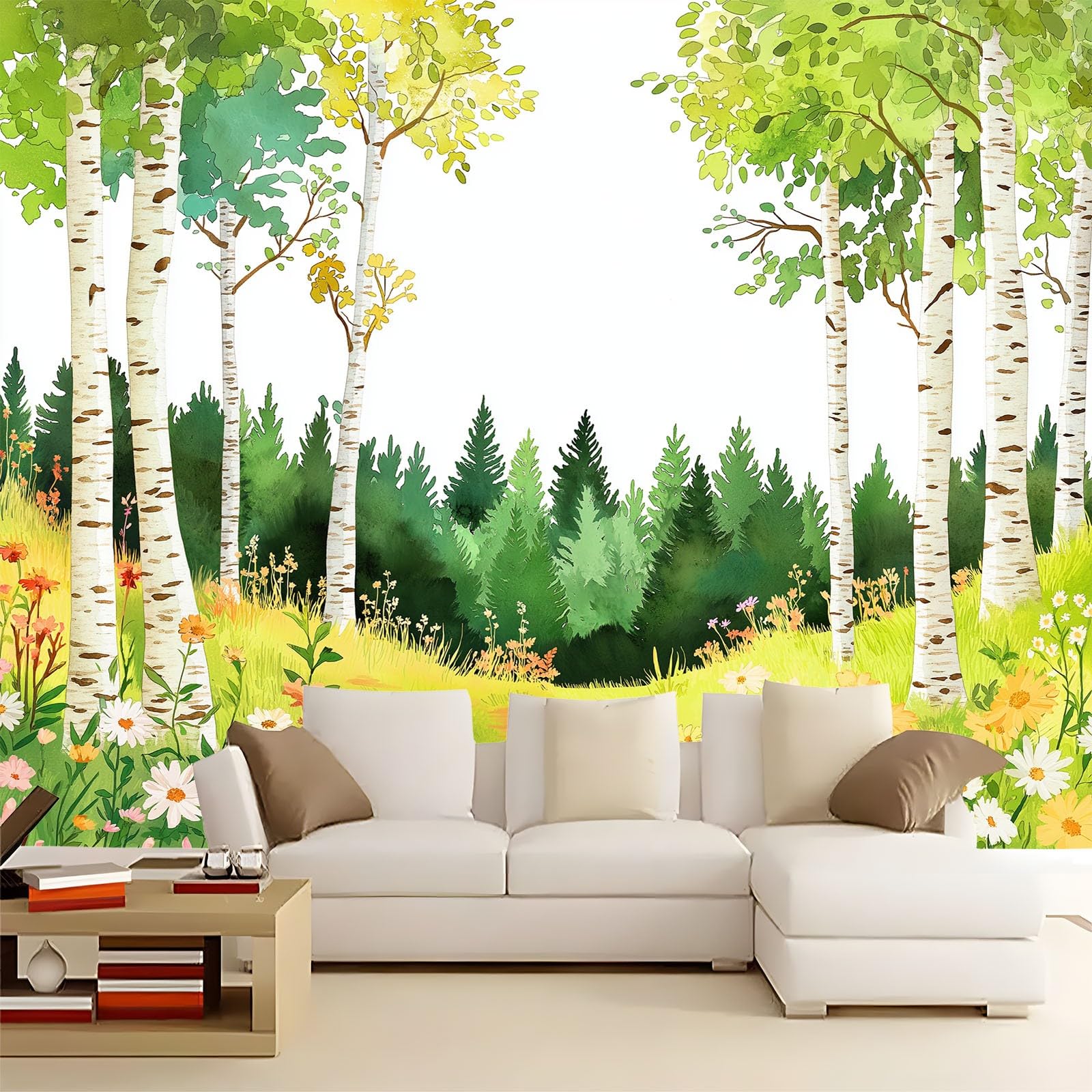 Panoramiczna tapeta Kreskówki Rośliny brzozy, zielone obrazy ścienne 350 x 256 cm (dł. x wys.) - Dekoracja domu do salonu i sypialni