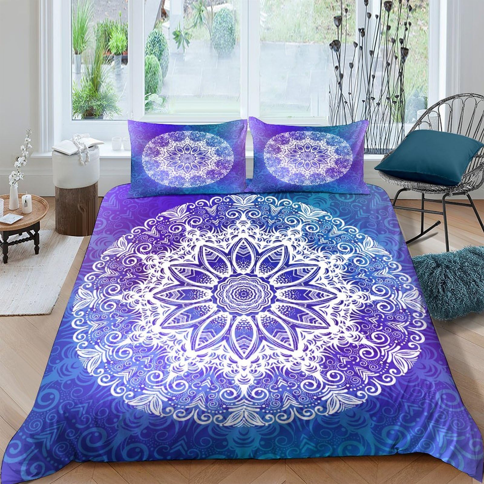 GPLZQXKJNH 3D Printed Mandala Floral Duvet Cover Microfiber Soft Breathable Blue Gradient Bedding Set with 2 Pillowcases for Bedroom Decor Single（135x200cm）