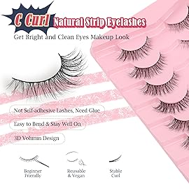 Eyelashes Natural Cat Eye Lashes 15mm Wispy Eyelashes Flared Fluffy Strip Lashes 0.1MM Thin Band False Eyelashes C Curl Lashes Siligli Eye Lashes Pack 7 Pair