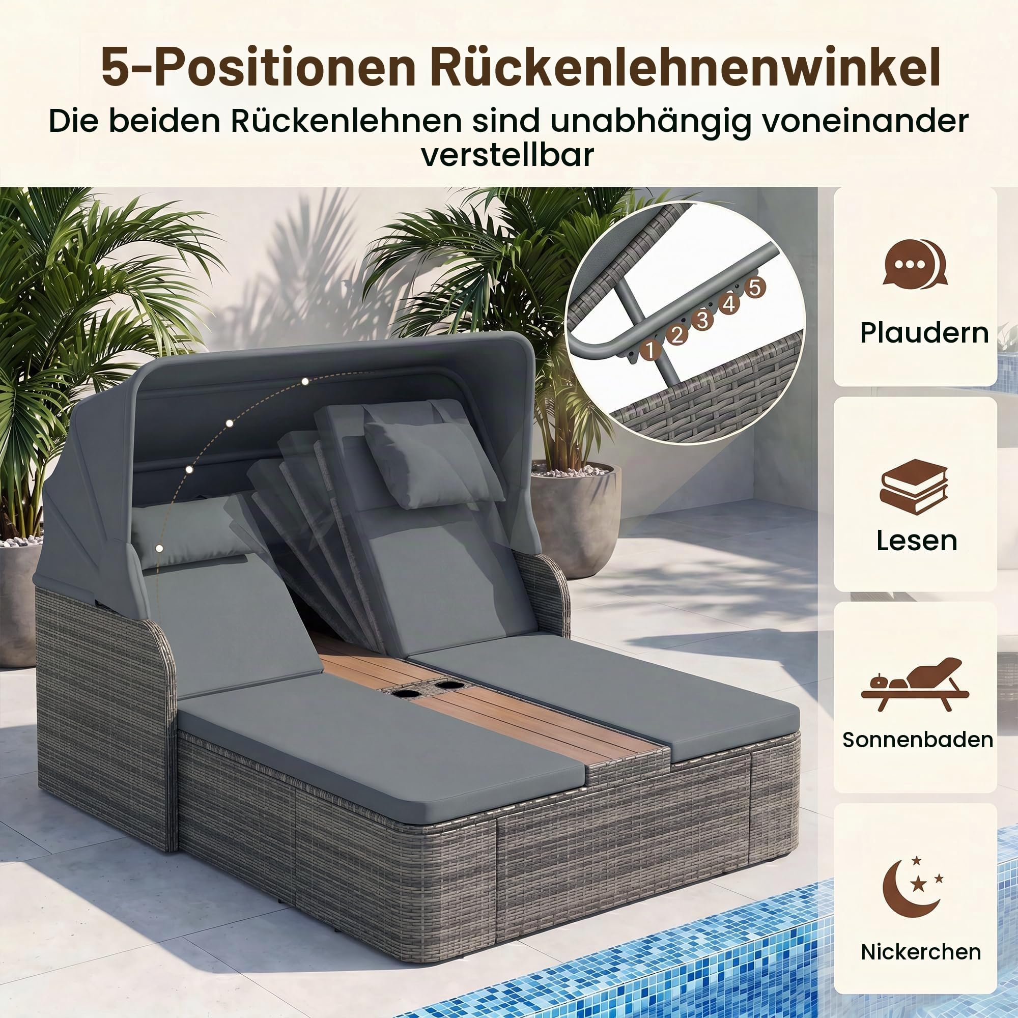 LIFEZEAL Sonnenliege 2 Personen, Gartenliege mit Verstellbarer Rückenlehne & Sonnendach, Doppelliege aus Rattan mit Kissen & Kopfstützen, Gartenbett mit Tisch & Getränkehaltern für Garten (Grau)