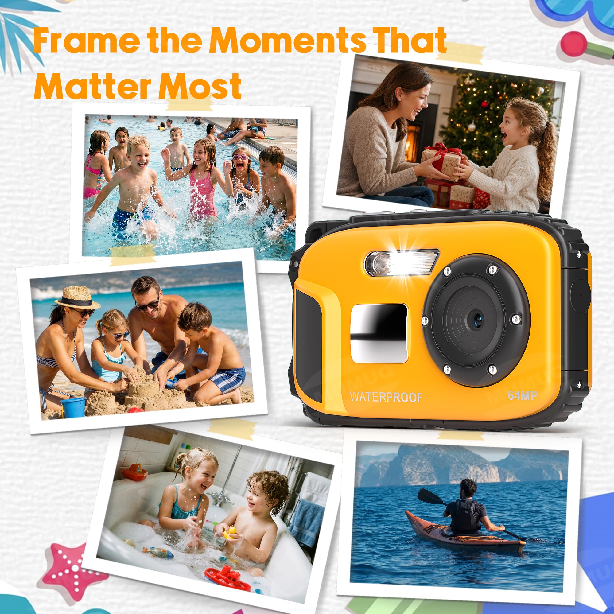Cámara subacuática flotante para niños, cámara digital impermeable con tarjeta de 32 GB, cámara de esnórquel portátil 4K de 48 MP para piscina, playa, cámara de acción flotante ligera y recargable