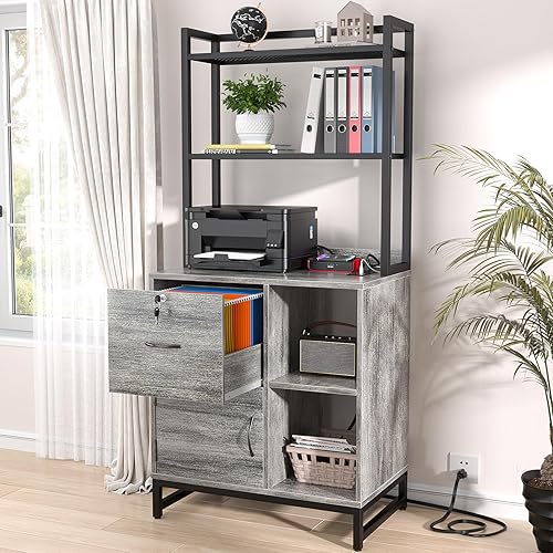 Miniatura 9 de Homieasy Archivador vertical con cerradura y estación de carga, archivador de madera grande con estantería, soporte de impresora con estante de