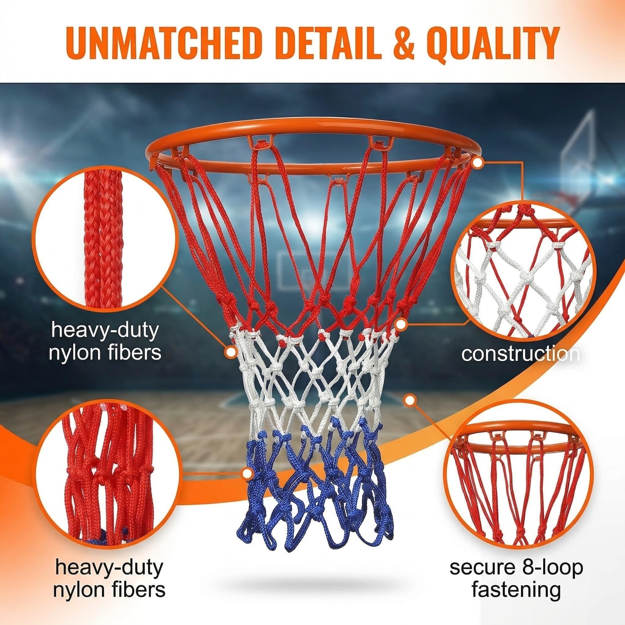 4 Piezas Red de repuesto para baloncesto de tamaño pequeño, para cestas de 20 a 26 cm, 8 trabillas, para intercambiar redes interiores y exteriores