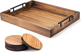 Berry Store Ottoman Tray with Handle for Living Room â€“ Set of 4 Natural Wooden Coasters â€“ Rustic Serving Tray for Coffee Table â€“ Kitchen Tray with Handles â€“ Decorative Breakfast in Bed Tray