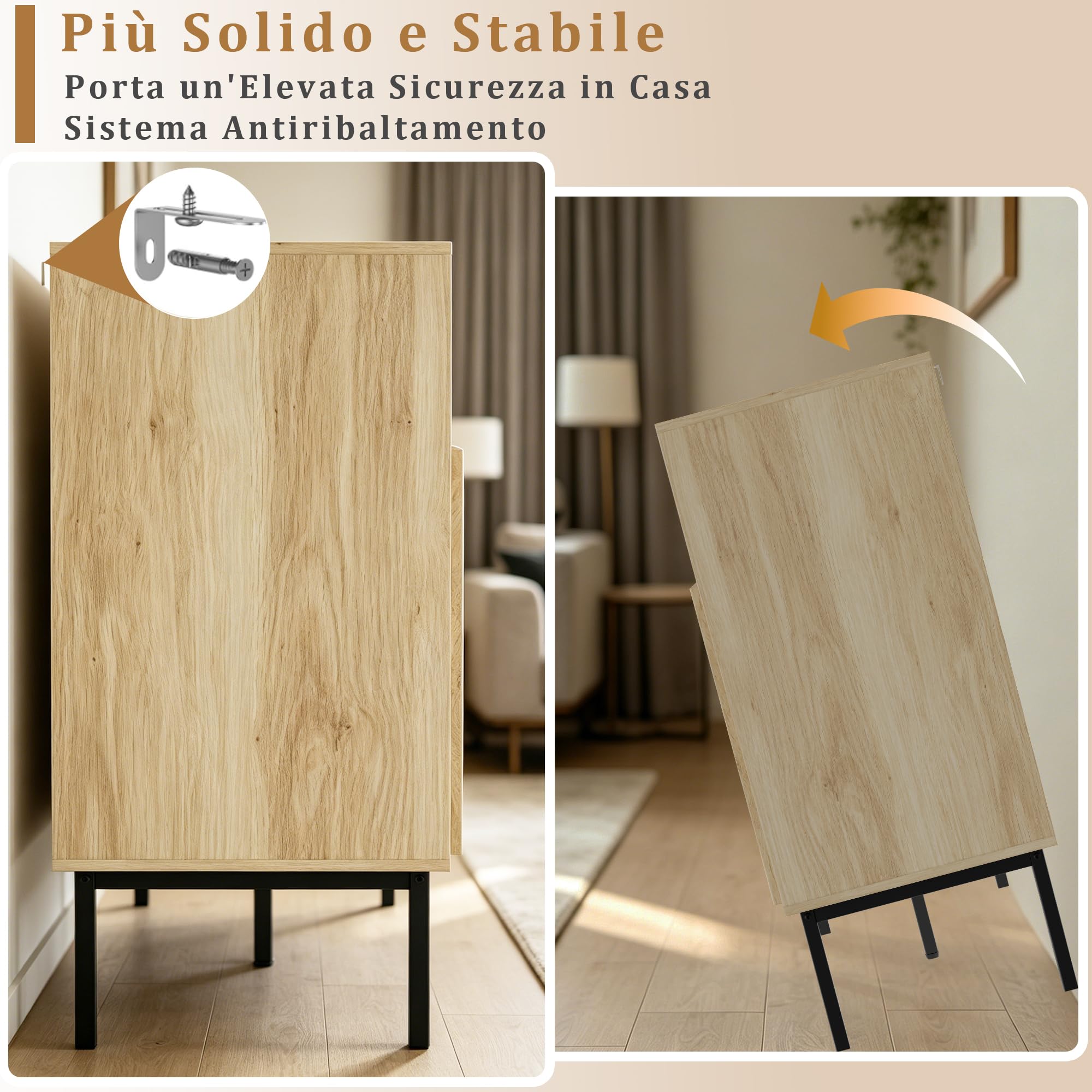UEV Credenza Cucina con Luce LED a 3 Ante Design Strisce di Legno, Naturale | Armadietto con 3 Scomparti Aperti, Mobile Moderno con Ampio Piano di Lavoro, 105x40x80cm