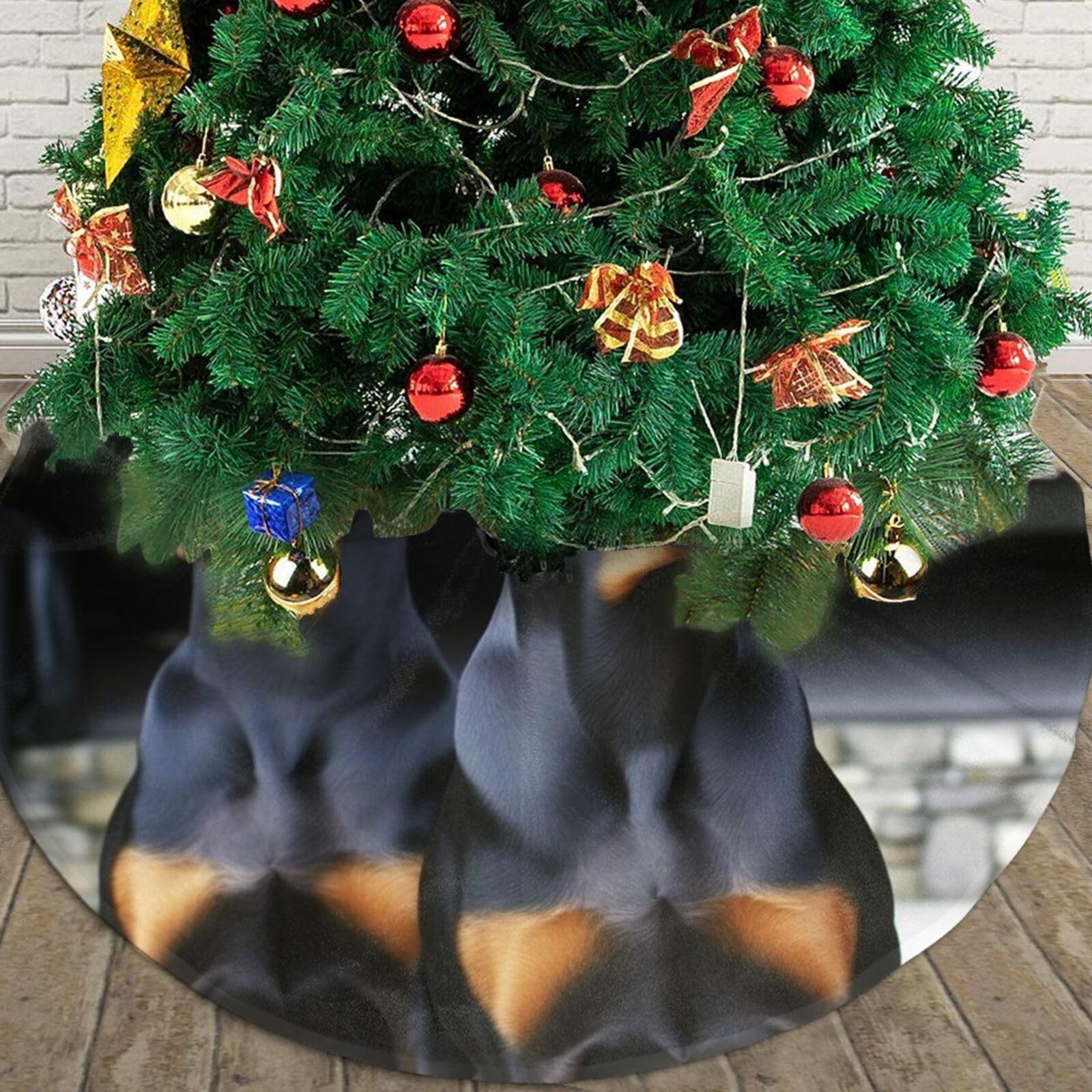 Doberman Christmas Tree Skirt 30" Plush Soft Artificial Tree Mat Cover Merry Christmas Xmas Tree Skirt for Christmas Decoration Holiday Indoor Outdoor Winter Party Decor