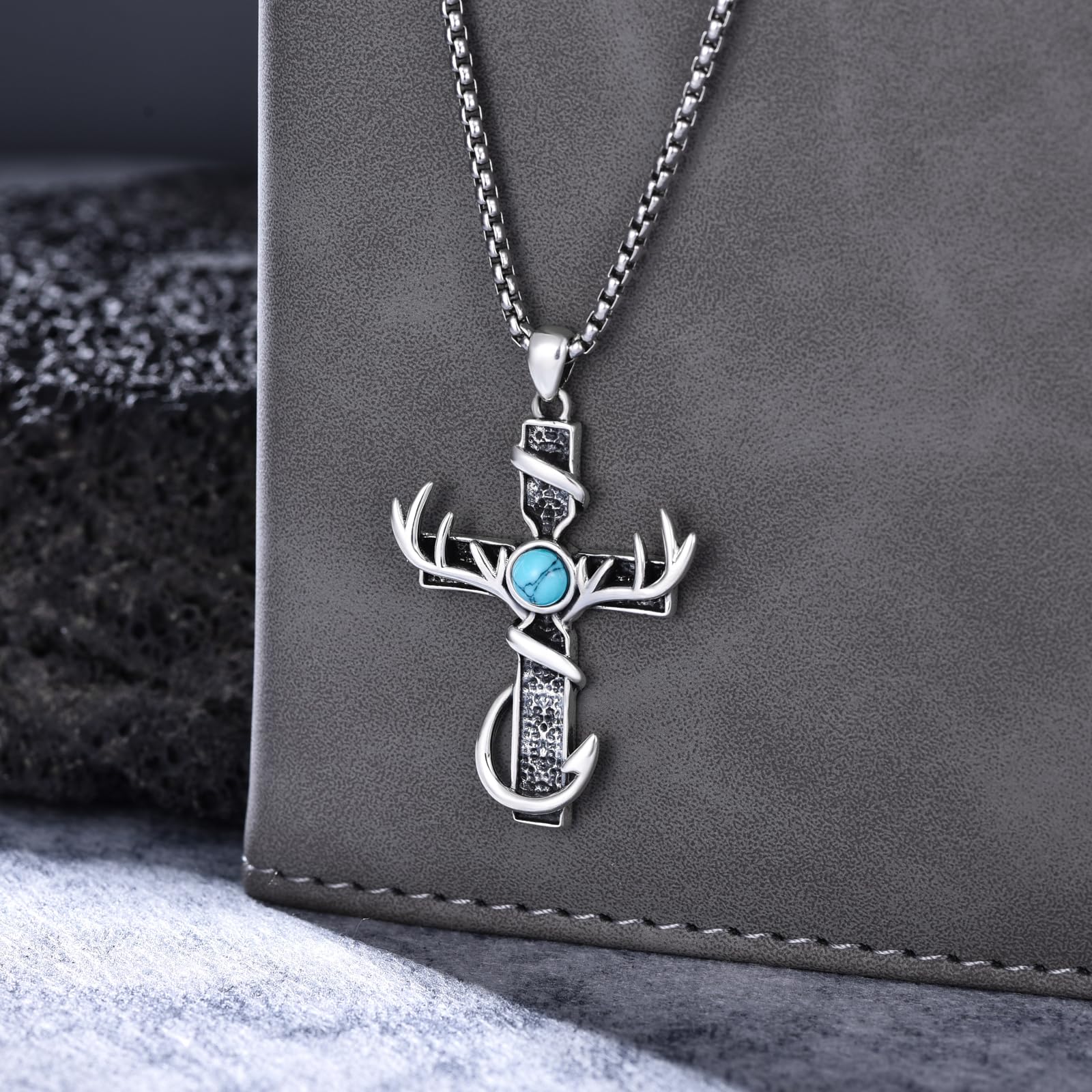 Collana con croce da caccia in argento Sterling 925 con ciondolo a forma di corna di corna da pesce, collana con gancio da pesca, gioielli da caccia, regali per uomini, cacciatori e papà