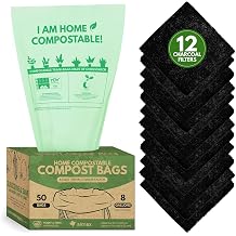 AIRNEX Compost Bags 8 Gal 50 Count & Charcoal Filters 12 Pack - Compostable Kitchen Trash Bags with Odor Blocking Filters for Countertop Bin, Leakproof Cornstarch Garbage Bags & Carbon Filters