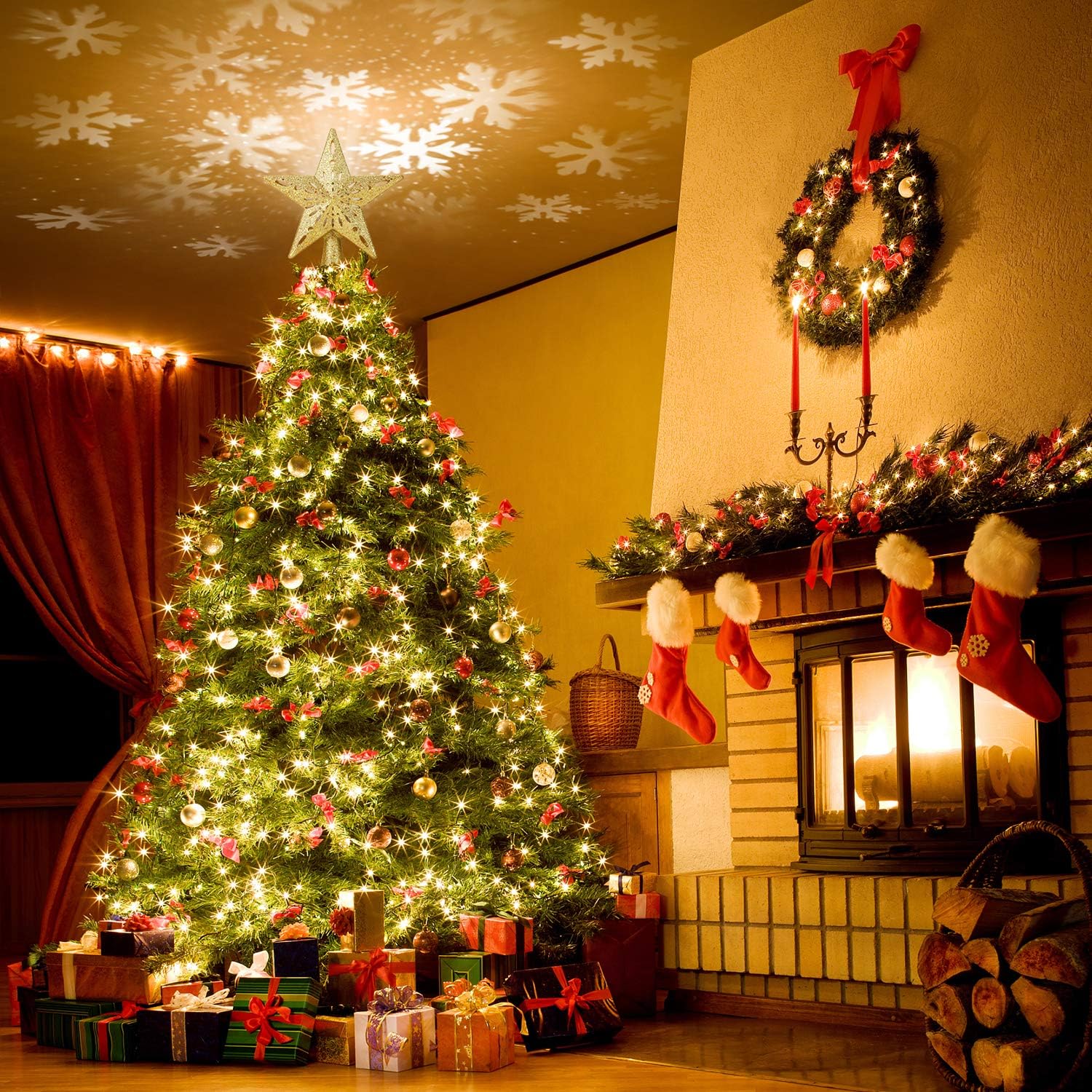 ELOVER Christmas Tree Topper with LED Rotating Snowflake Projector Lights 3D Lighted Ornaments Festival Lights (Golden)