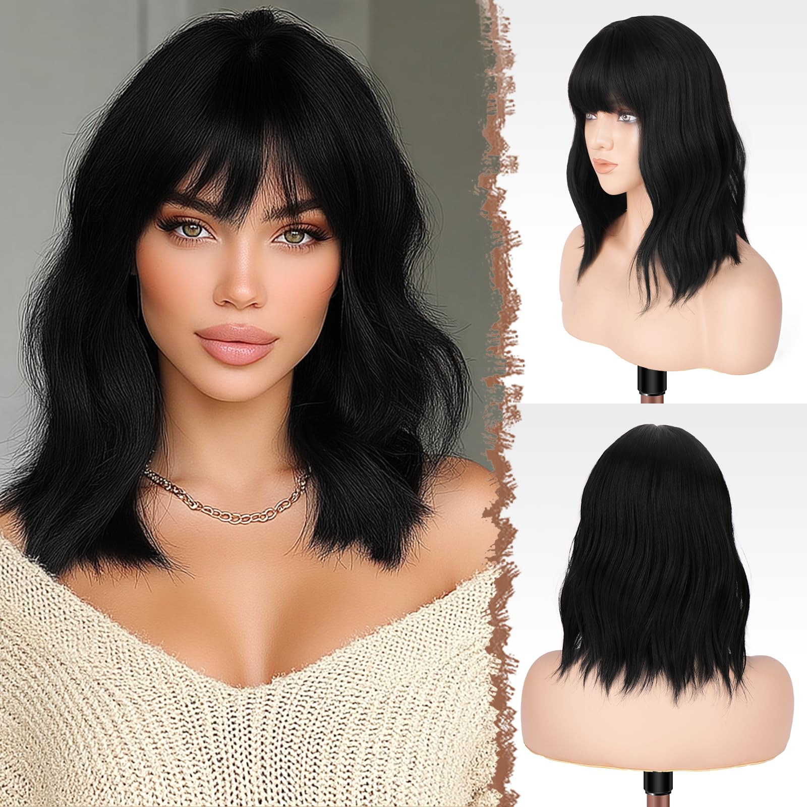 FESHFEN Wellig Bob Perücke mit Pony, Schwarz Schulterlänge Perücken für Damen Frauen Synthetik Kunsthaar Wavy Haarperücke für Damen Alltag Karneval Fasching 35cm