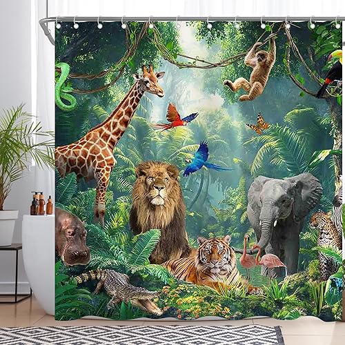 ZTHMOE Jungle Wild Animals Shower Curtain for Bathroom Tropical Rainforest