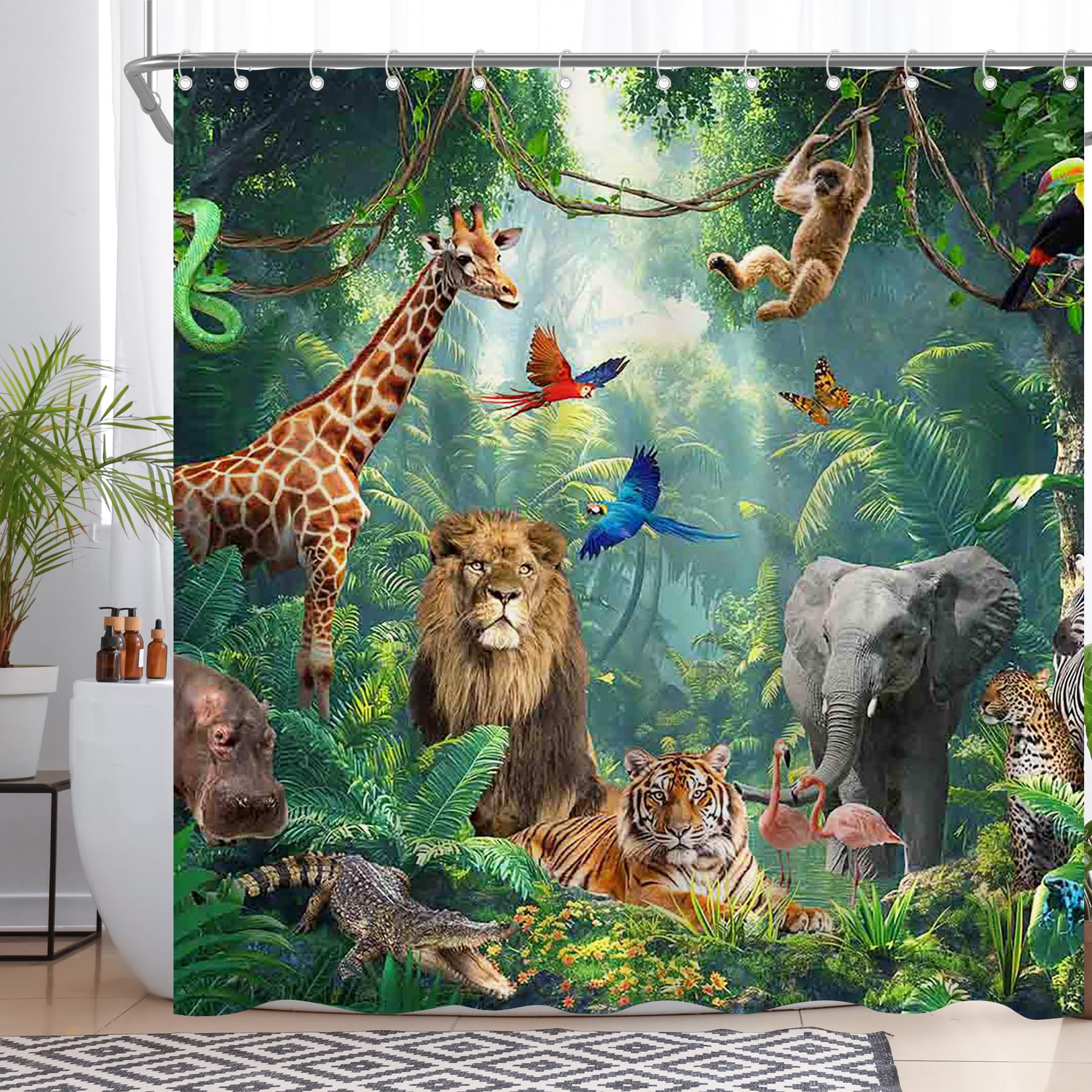 Luminora Tropical Jungle Rainforest Safari Animal Shower Curtain for Bathroom Zoo Palm Leaves Decorations Sets with 12 Hooks Waterproof Polyester 72" x 72"