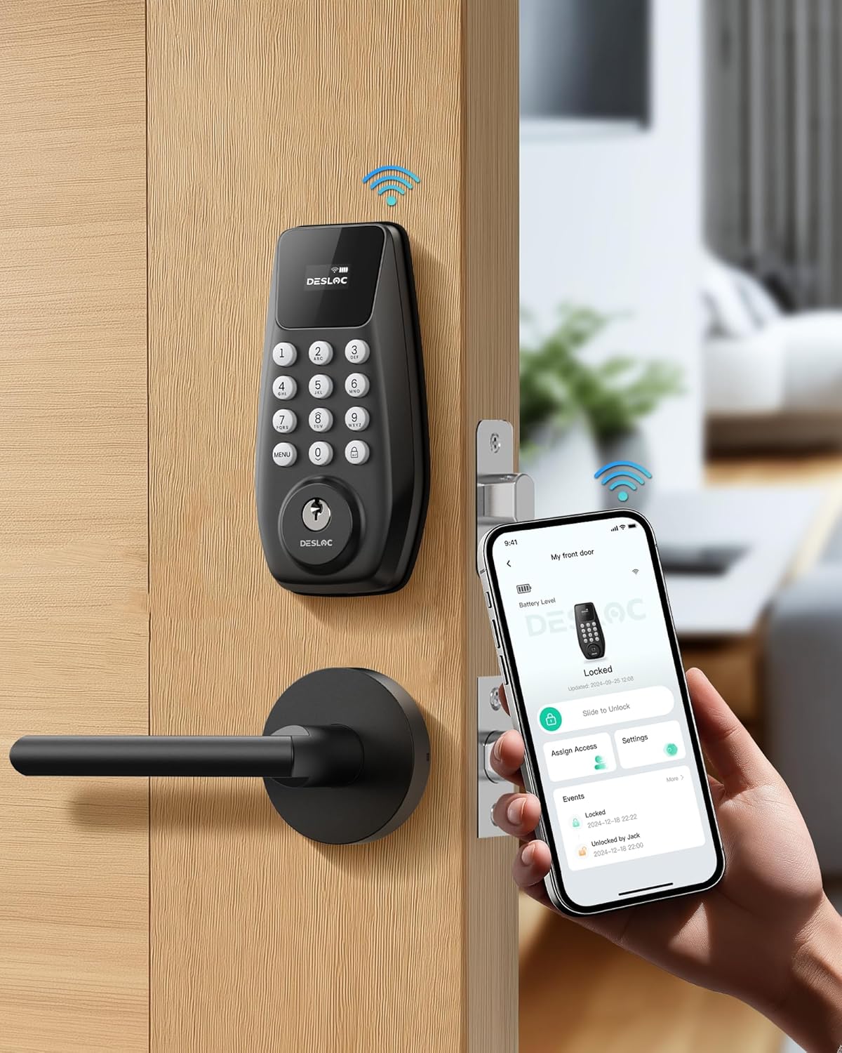 DESLOC C100 Plus Built-in WiFi Smart Lock with Handle Set, Built-in WiFi Keyless Entry Door Lock with Display, Keypad Deadbolt & Matching Lever Handle for Front Door, App Remote Control - Black